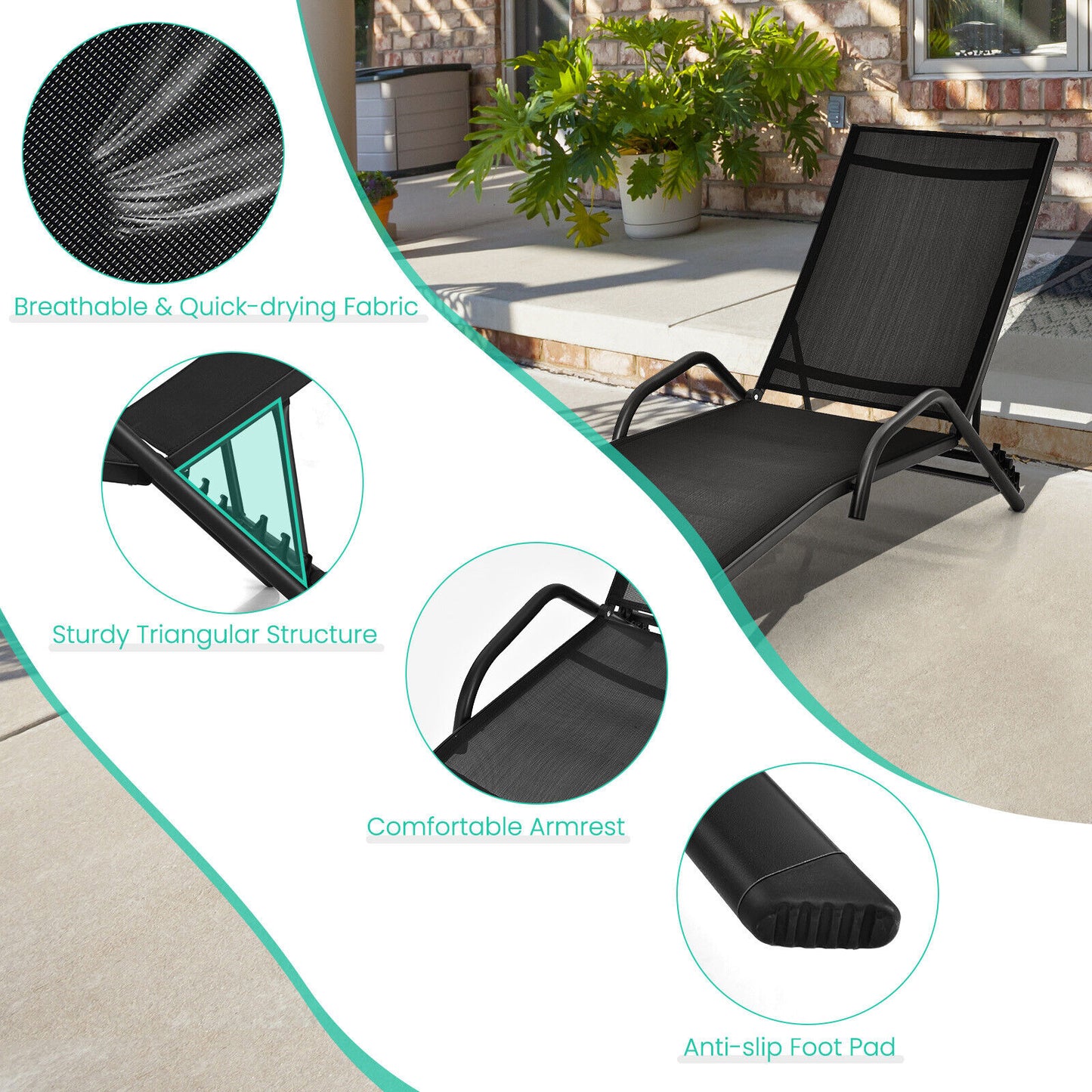 Outdoor Chaise Lounge Set with 5-Position Adjustable Backrest