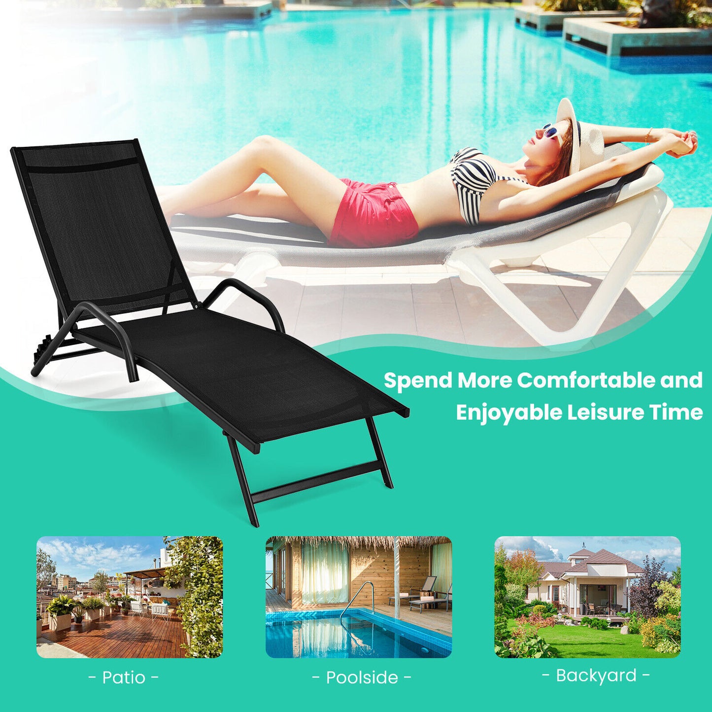 Outdoor Chaise Lounge Set with 5-Position Adjustable Backrest