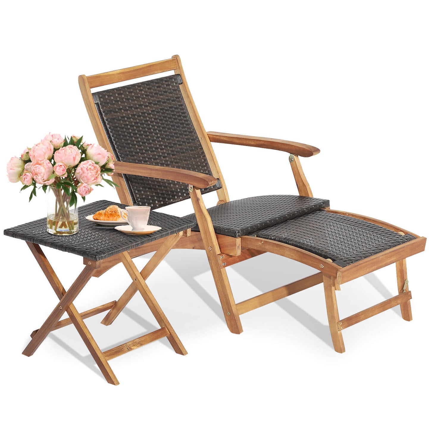 Patio Rattan Folding Lounge Chair with Acacia Wood Table Set