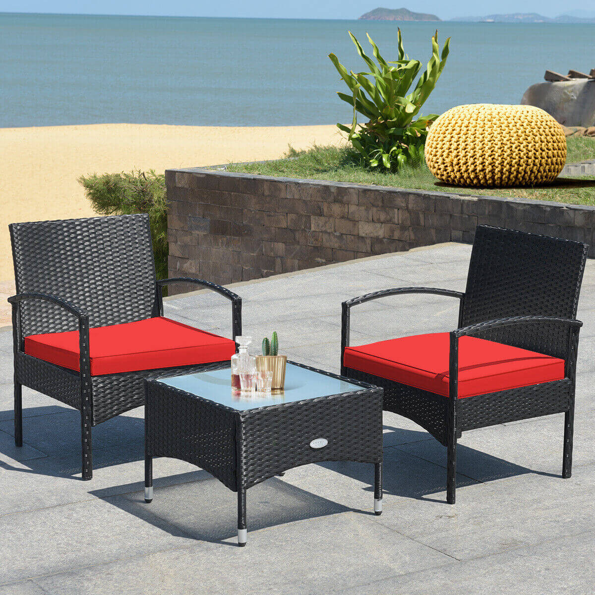 3 Pieces Patio Wicker Rattan Furniture Set with Cushion for Lawn Backyard
