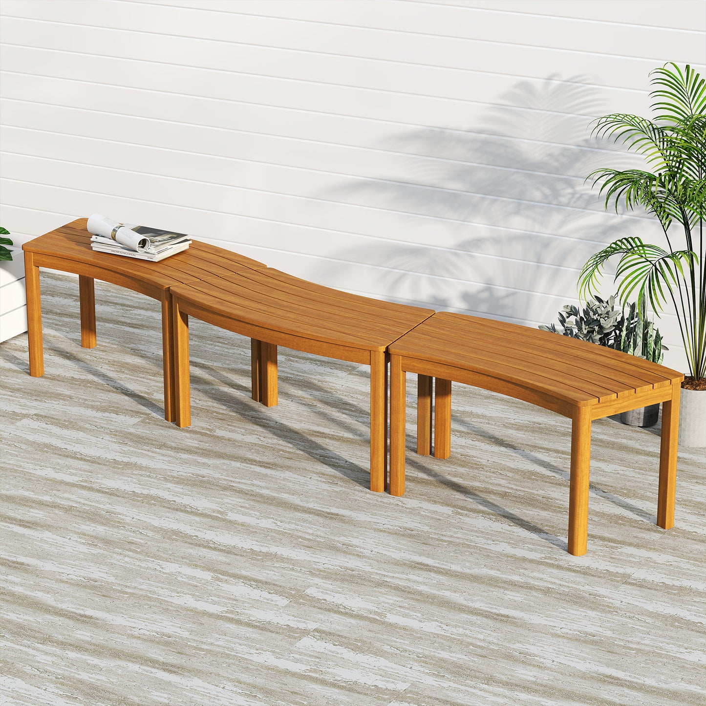 Curved Acacia Wood Bench for Fire Pit & Patio