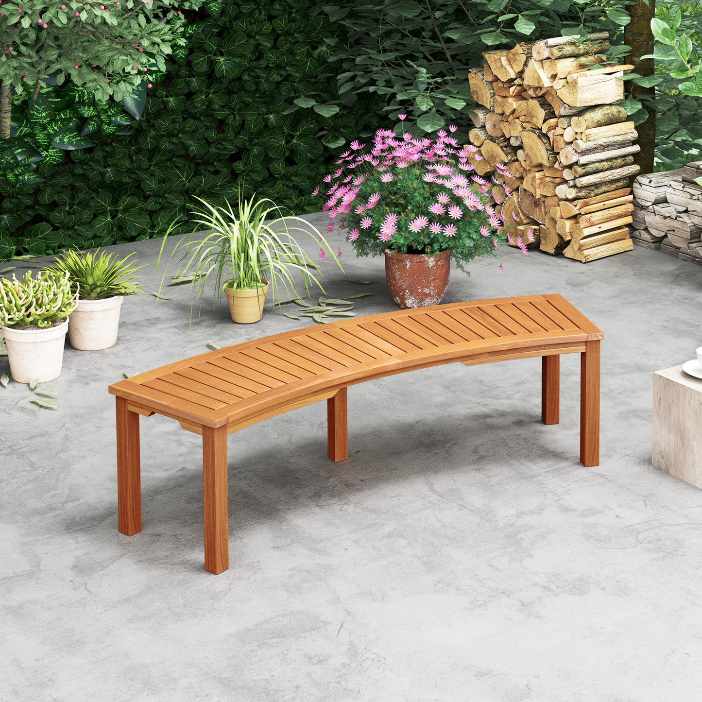 Curved Acacia Wood Fire Pit Bench - 58" Slatted Seat