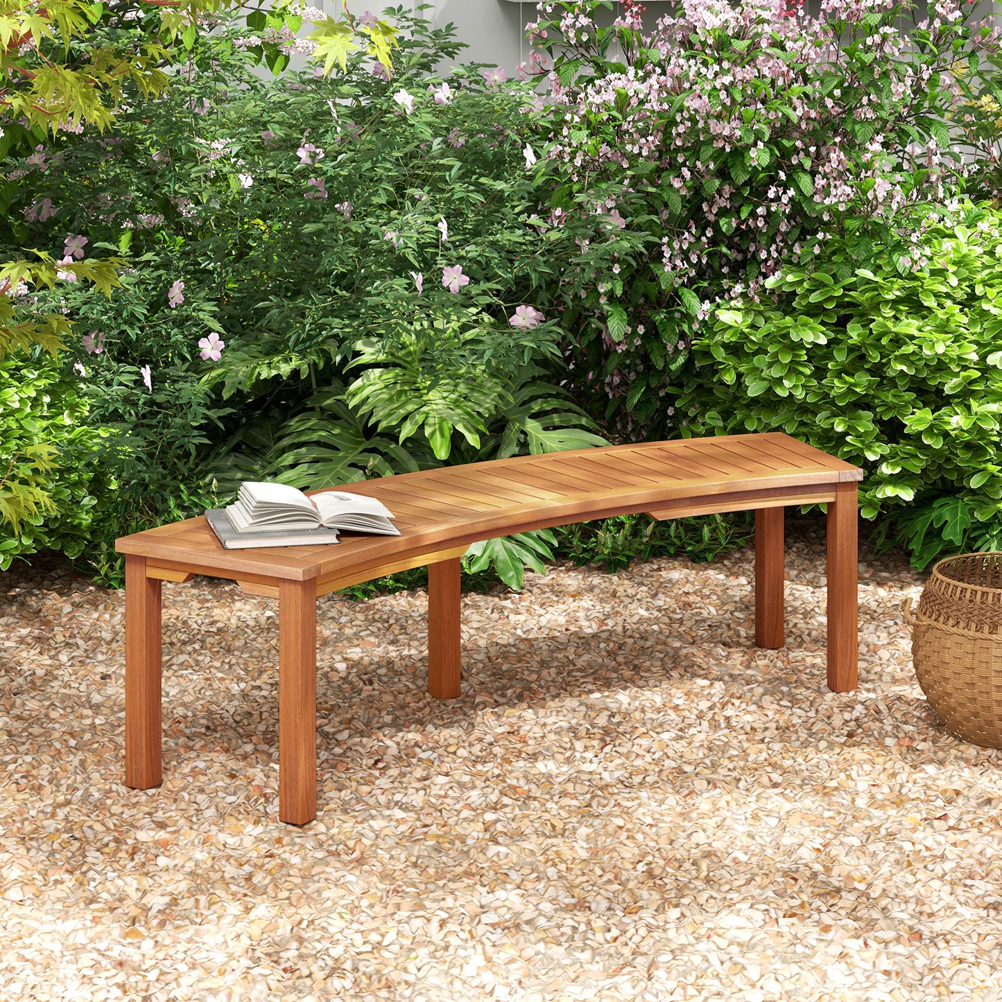 Curved Acacia Wood Fire Pit Bench - 58" Slatted Seat