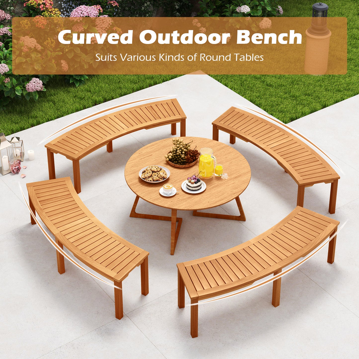 Curved Acacia Wood Fire Pit Bench - 58" Slatted Seat