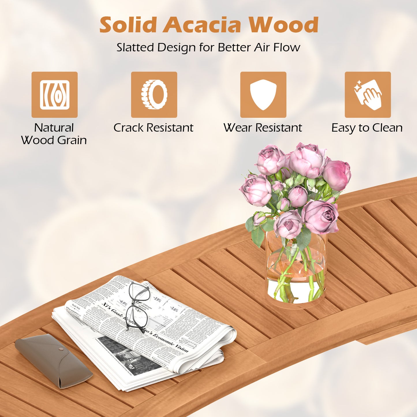Curved Acacia Wood Fire Pit Bench - 58" Slatted Seat