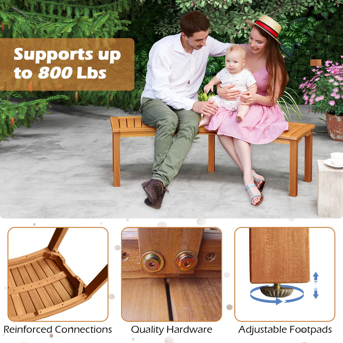 Curved Acacia Wood Fire Pit Bench - 58" Slatted Seat