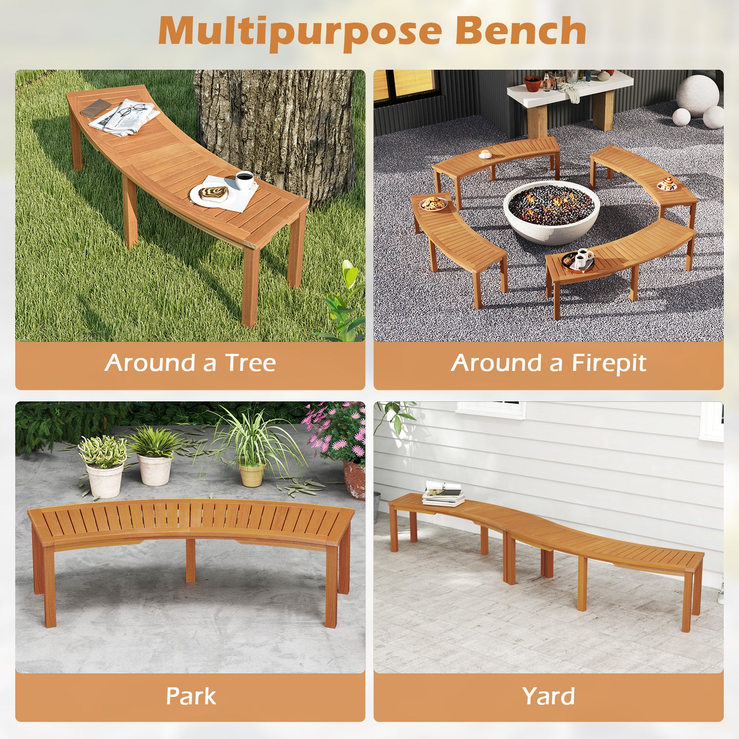 Curved Acacia Wood Fire Pit Bench - 58" Slatted Seat