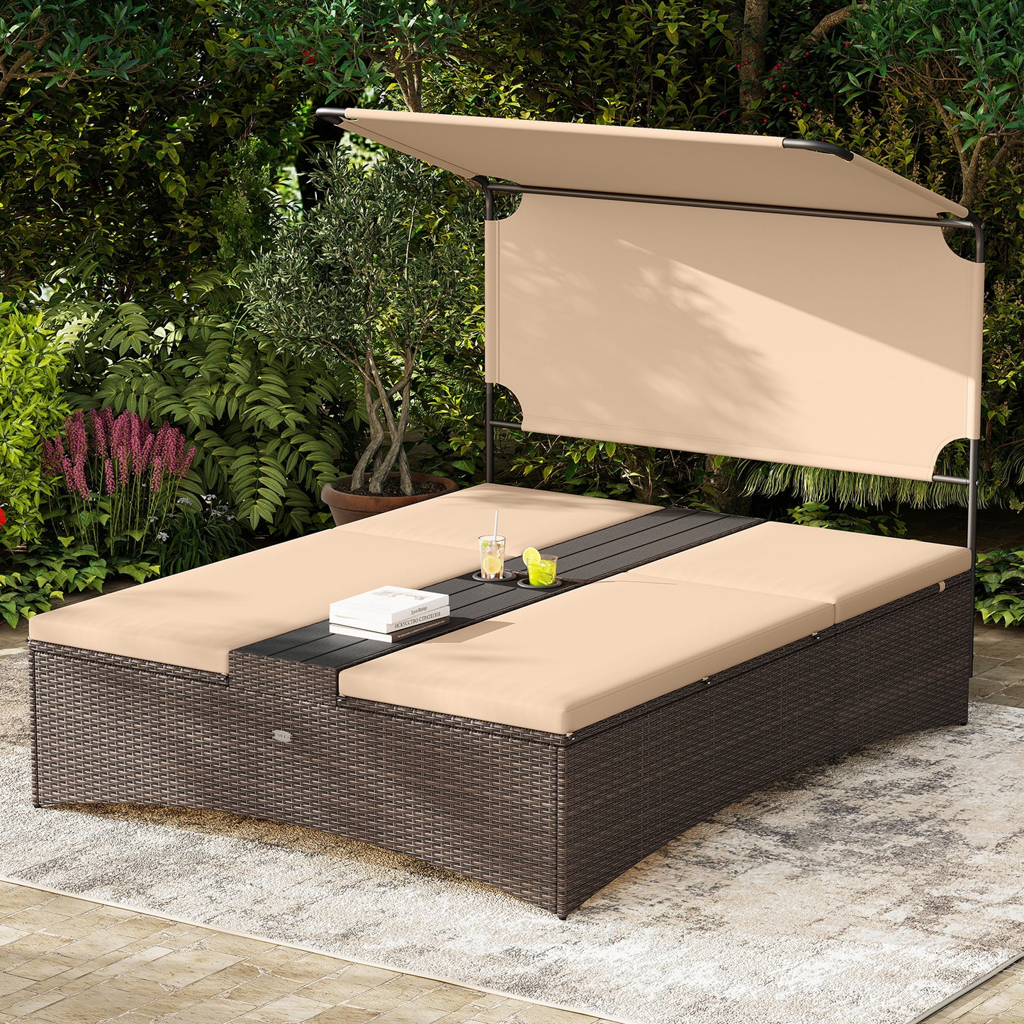 2-Person Outdoor Daybed with Adjustable Backrests & Canopy