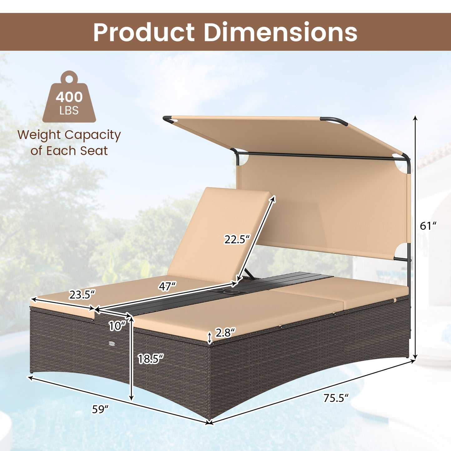 2-Person Outdoor Daybed with Adjustable Backrests & Canopy