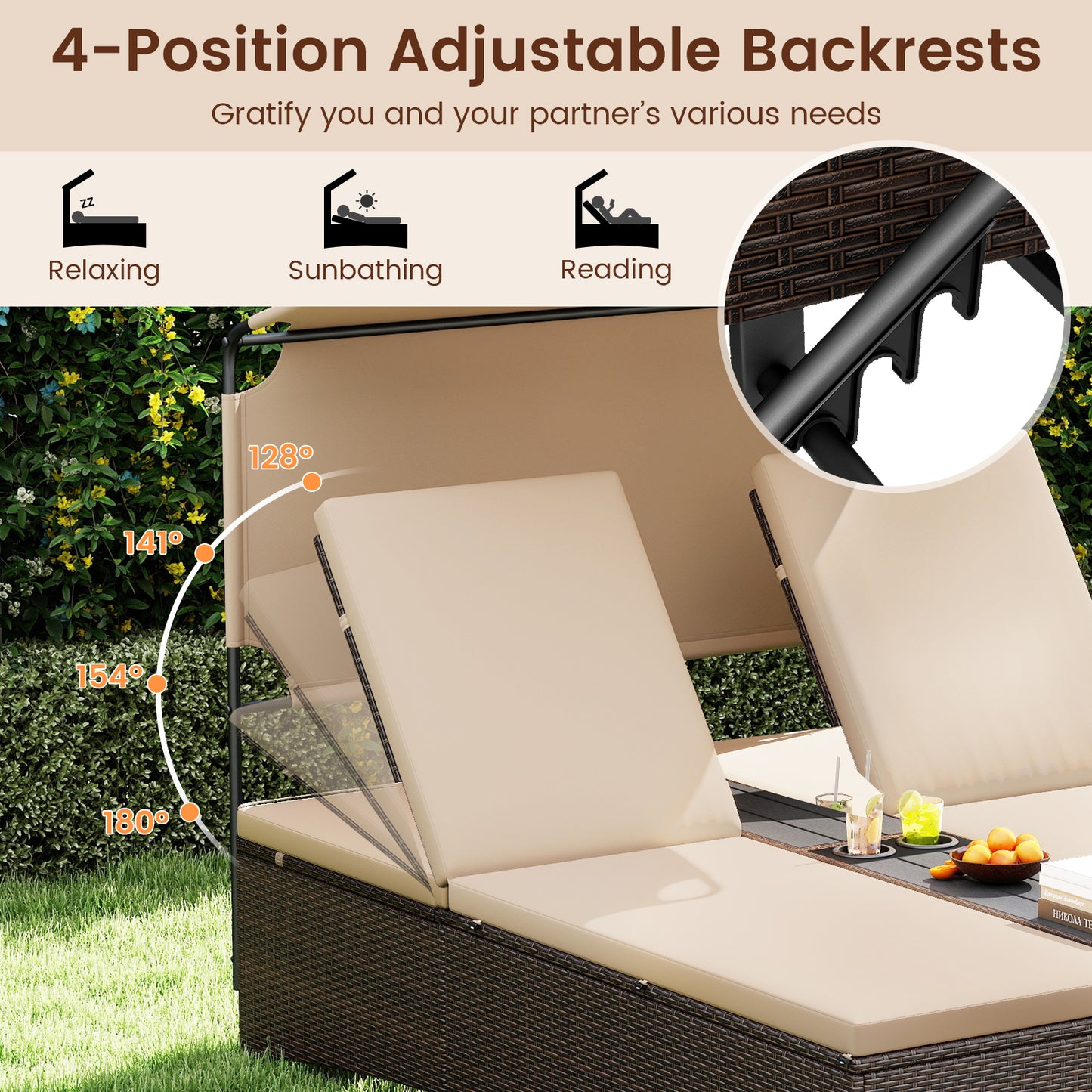 2-Person Outdoor Daybed with Adjustable Backrests & Canopy