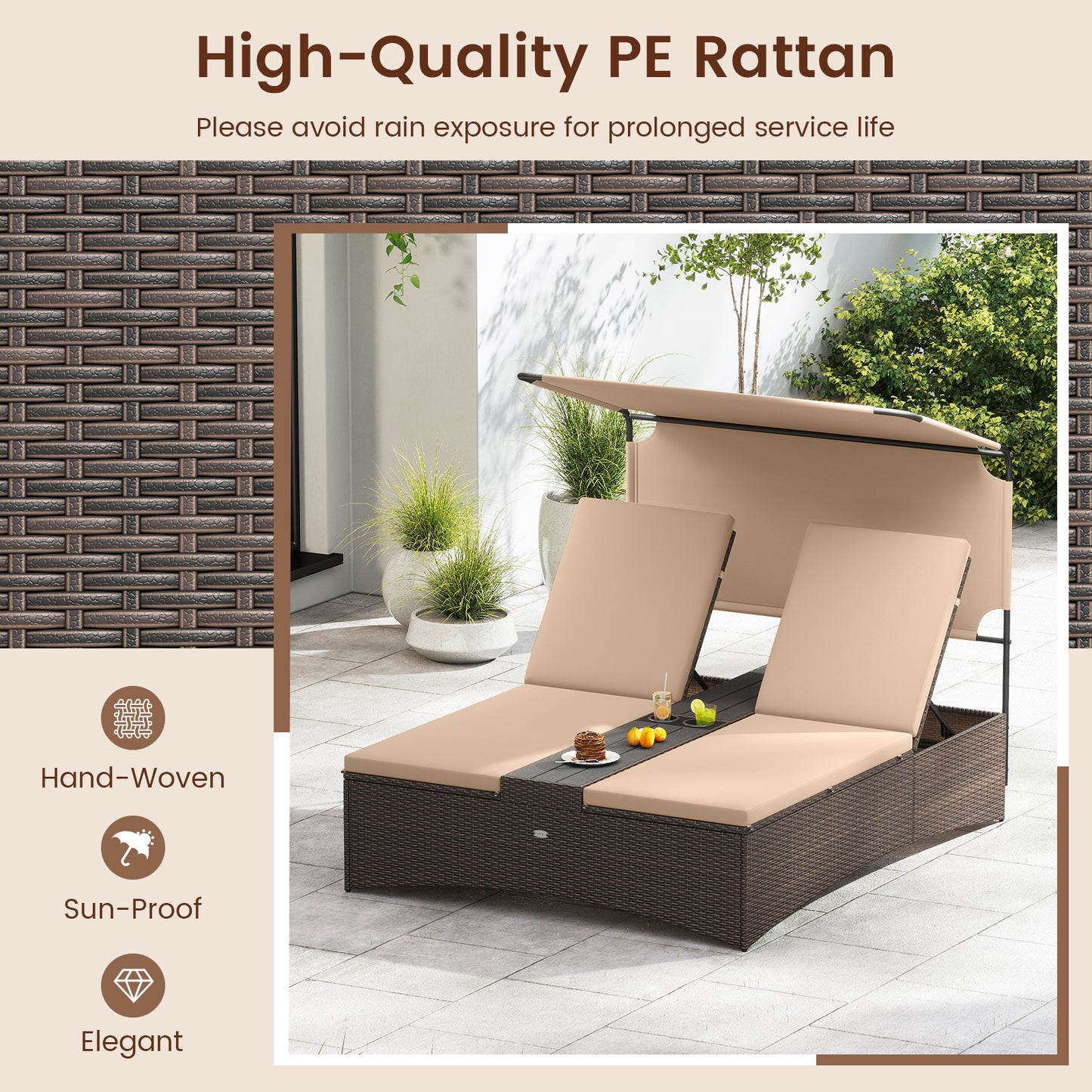 2-Person Outdoor Daybed with Adjustable Backrests & Canopy