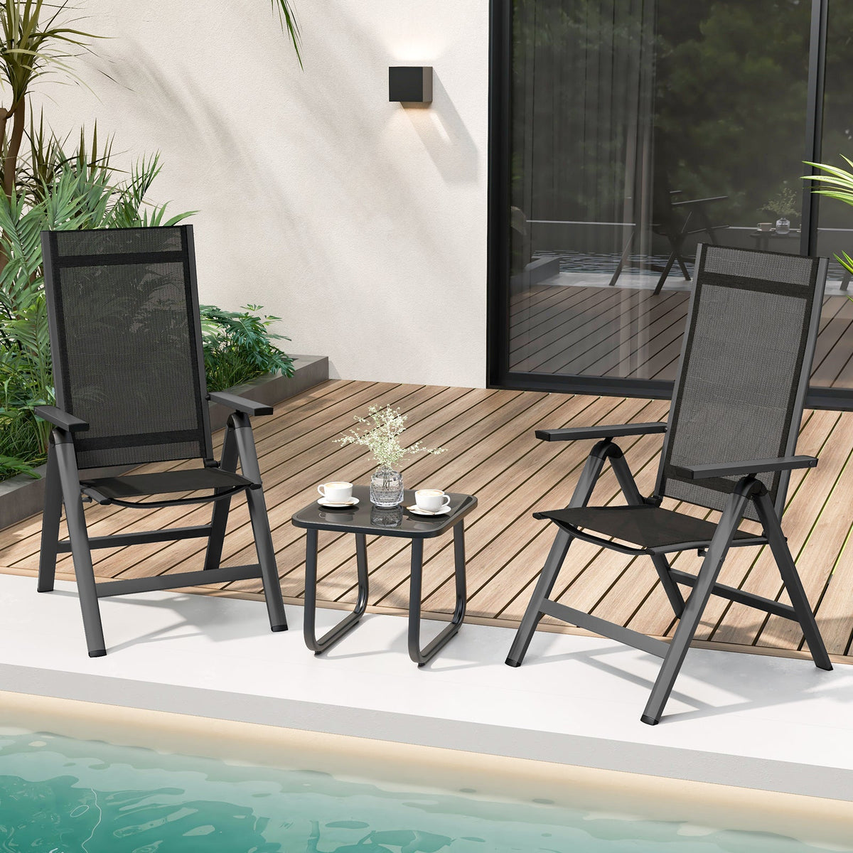 Outdoor Dining Chair with Soft Padded Seat and 7-Position Adjustable Backrest Set of 2-Black