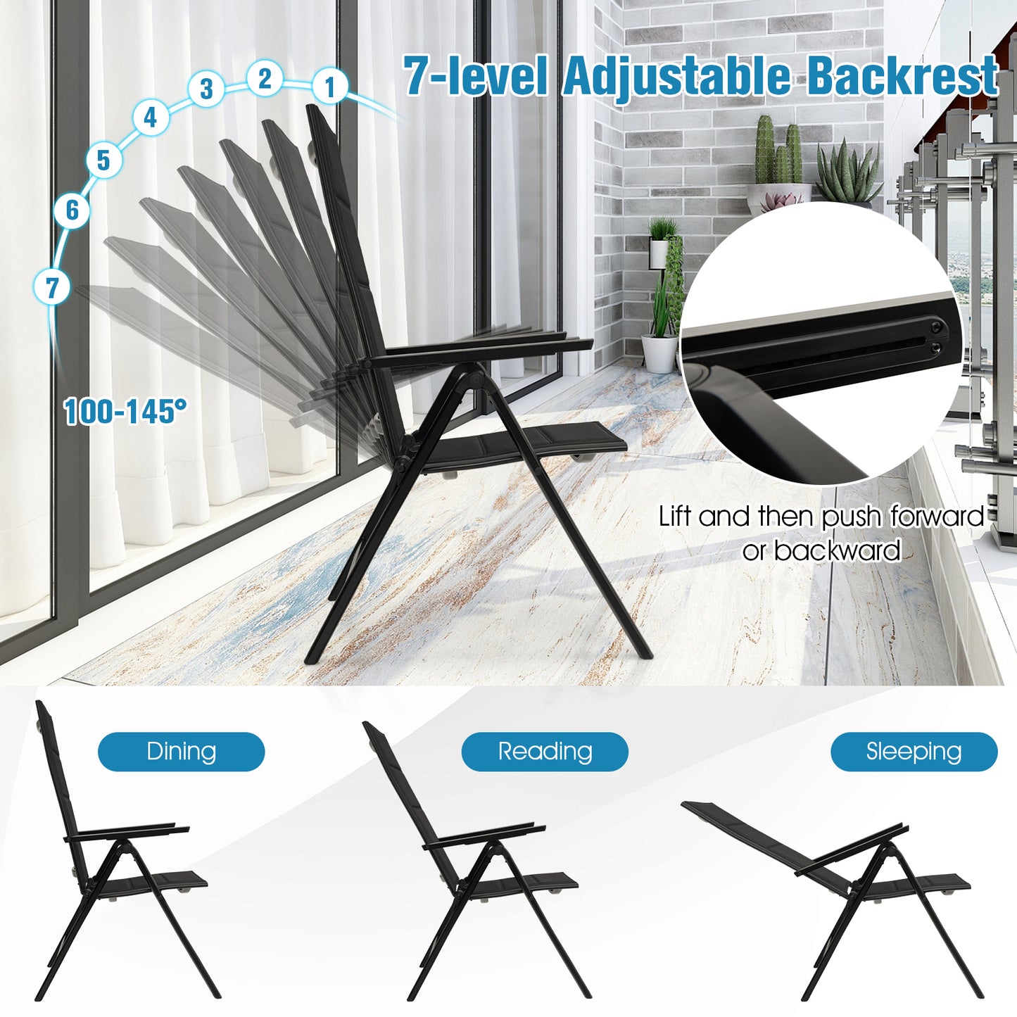Outdoor Dining Chair with 7-Position Adjustable Backrest