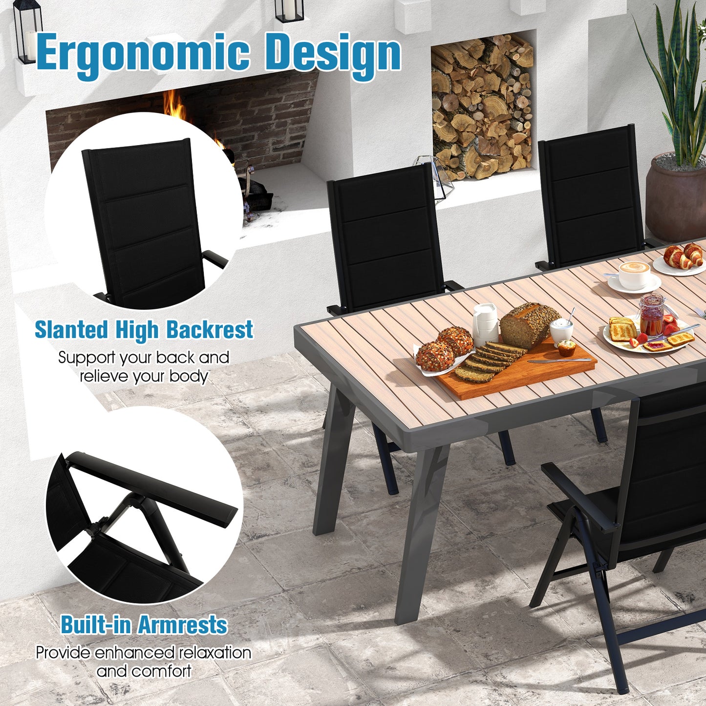 Outdoor Dining Chair with 7-Position Adjustable Backrest