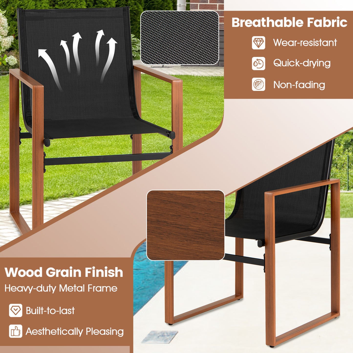Outdoor Dining Chairs Set of 2 with Breathable Fabric