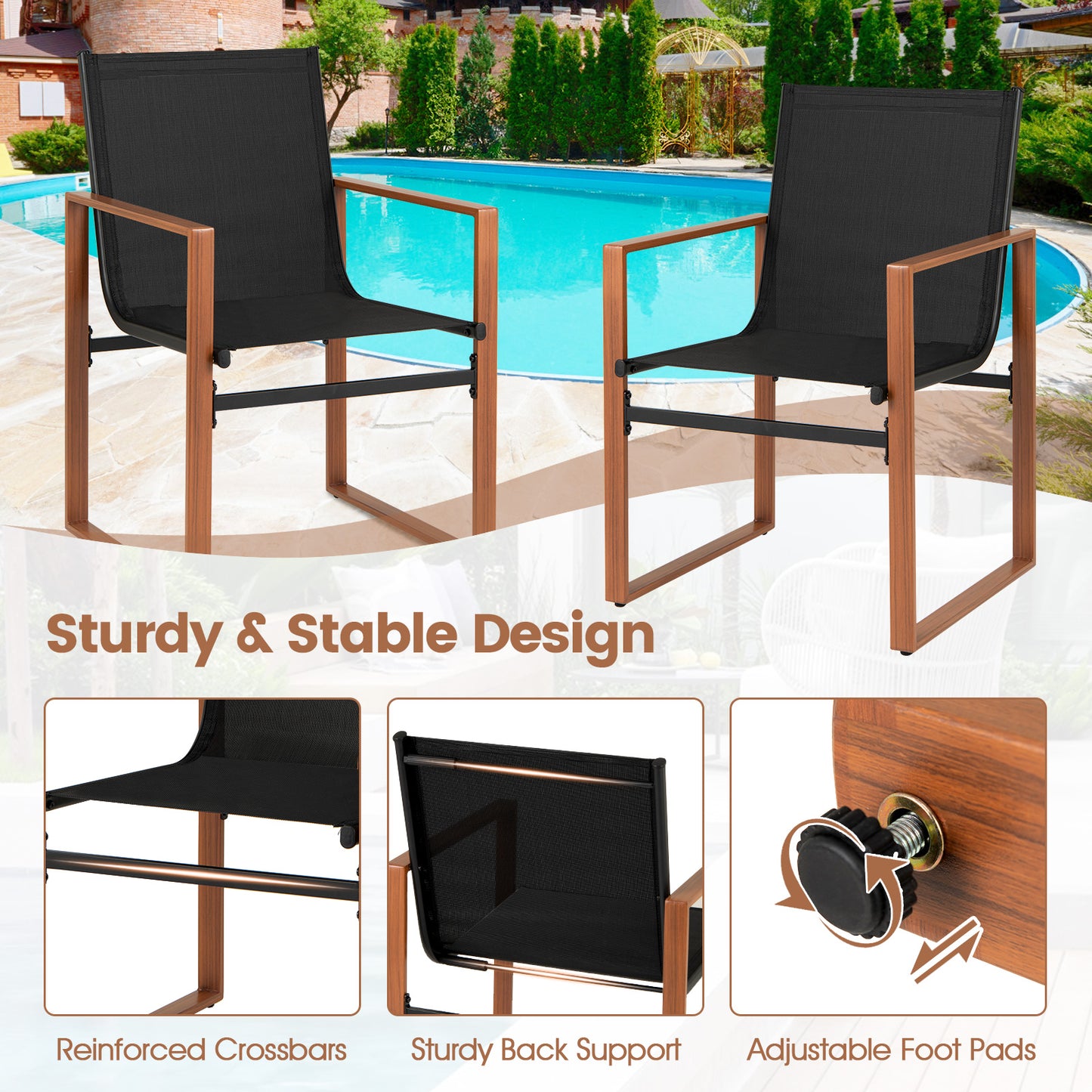 Outdoor Dining Chairs Set of 2 with Breathable Fabric