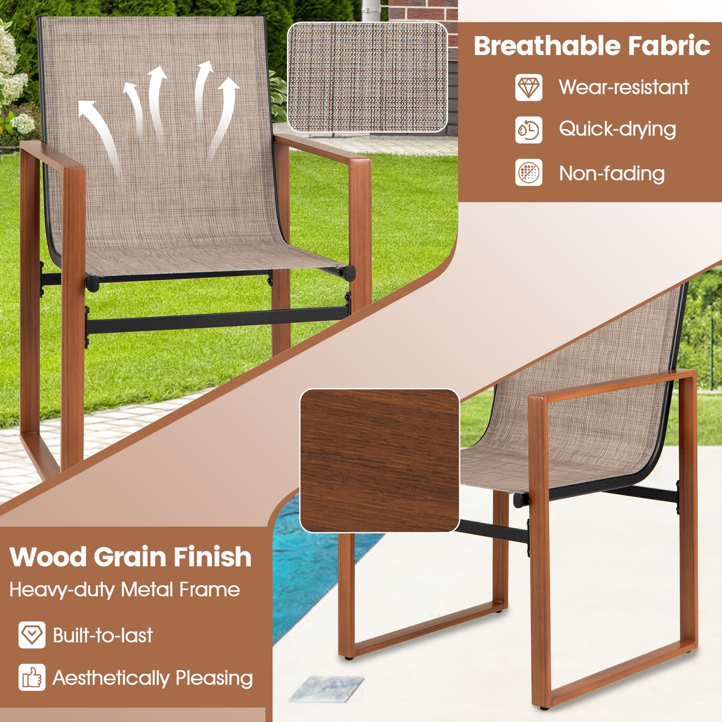 Outdoor Dining Chairs Set of 2 with Breathable Fabric