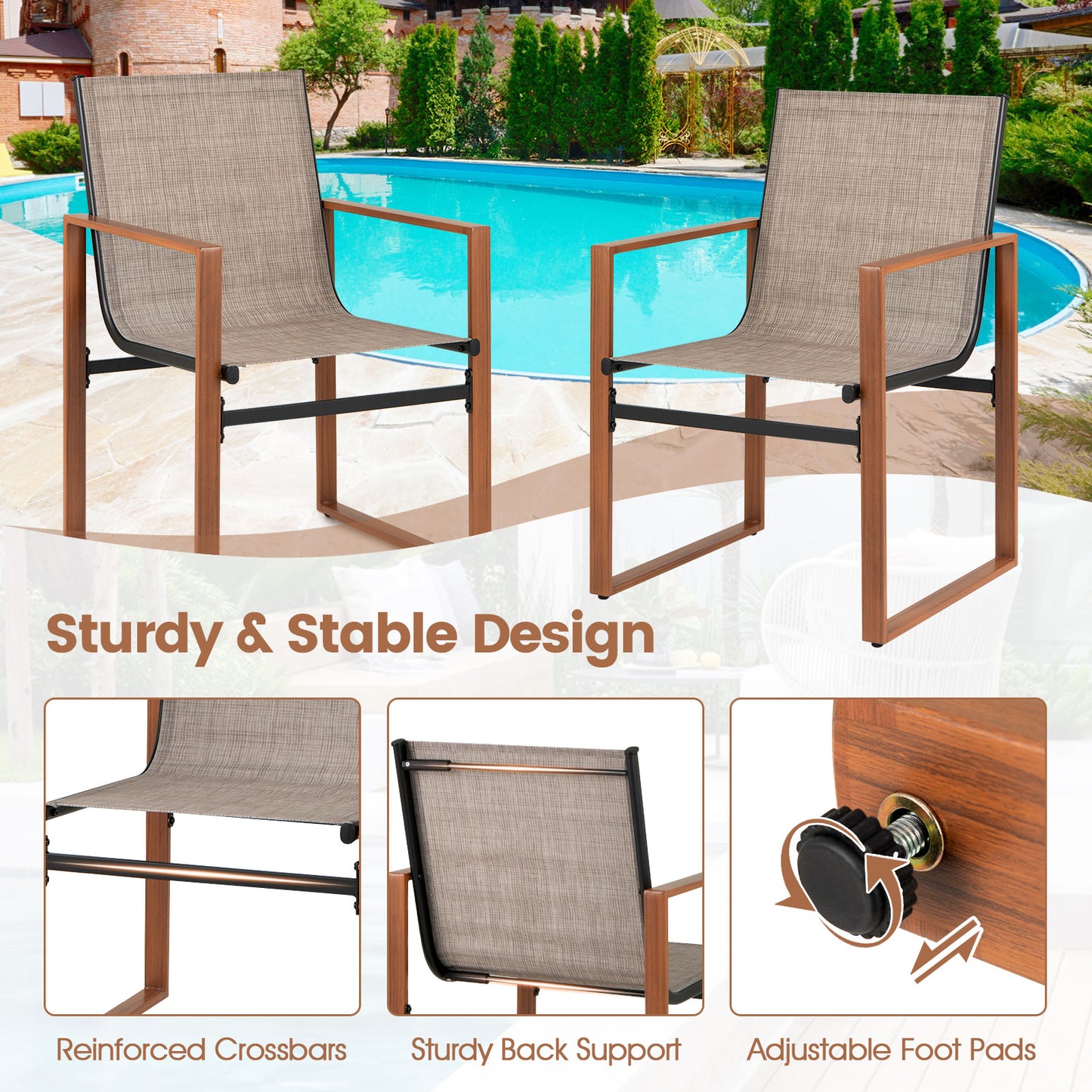 Outdoor Dining Chairs Set of 2 with Breathable Fabric