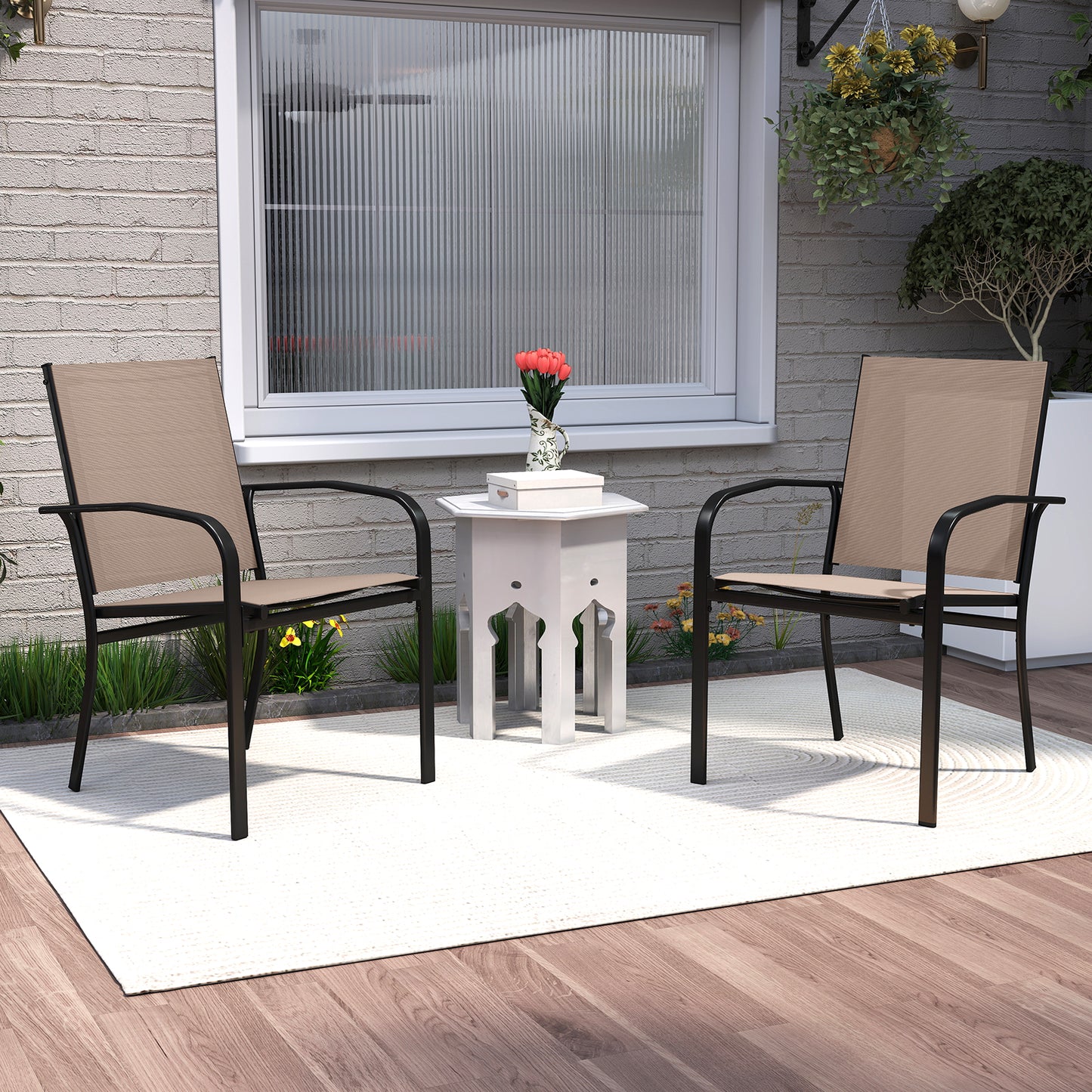 High Back Patio Dining Chairs Set of 2 - Light Brown