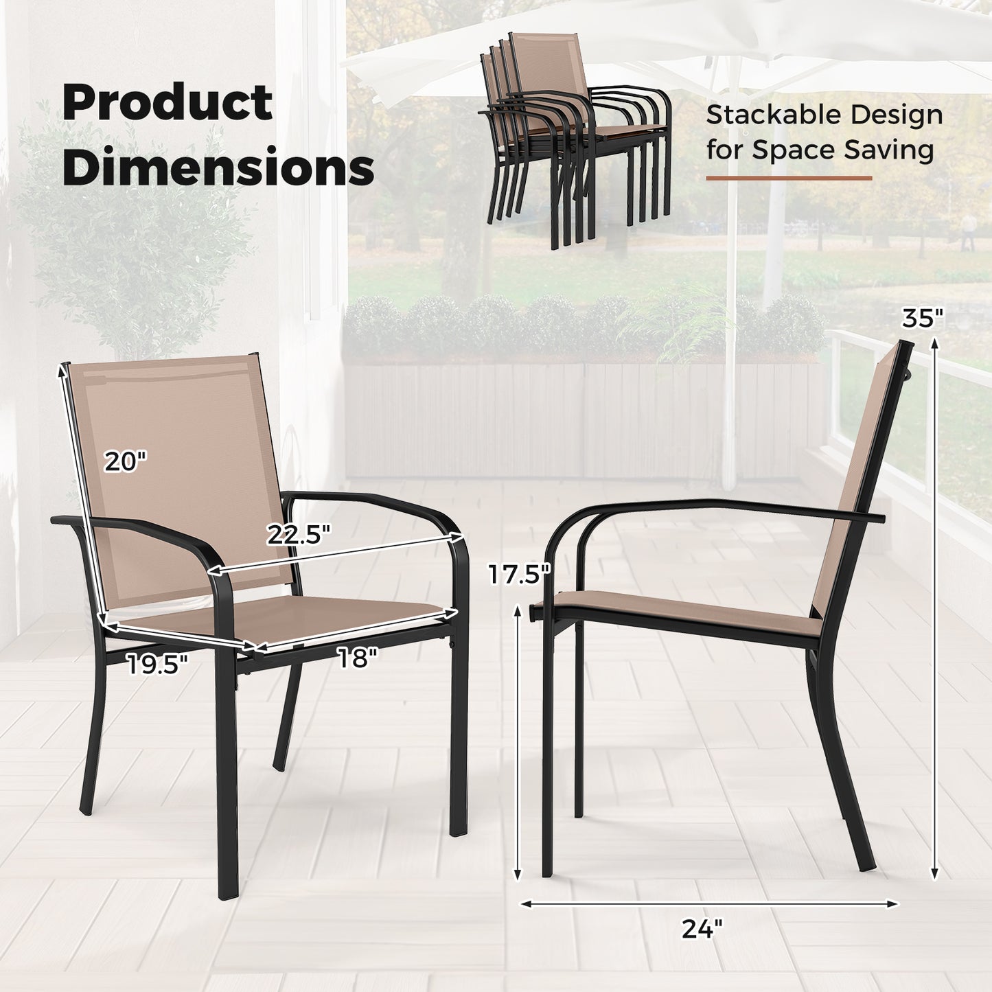 High Back Patio Dining Chairs Set of 2 - Light Brown