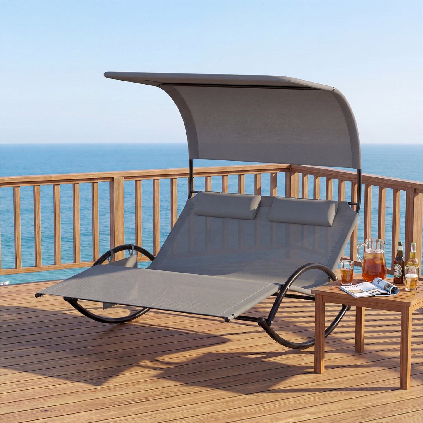Dual Rocker Sunbed 2-Person Patio Lounger with Canopy