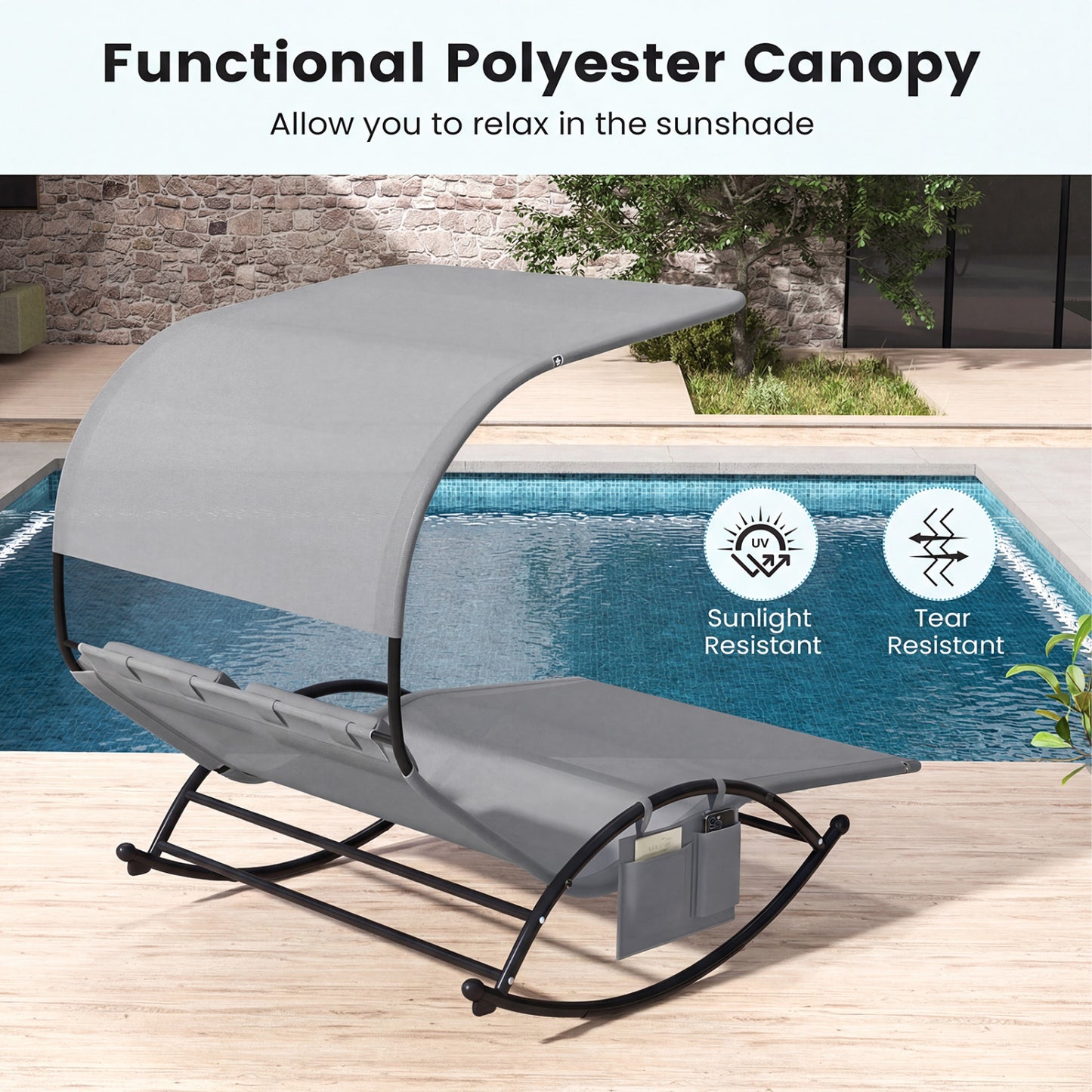 Dual Rocker Sunbed 2-Person Patio Lounger with Canopy
