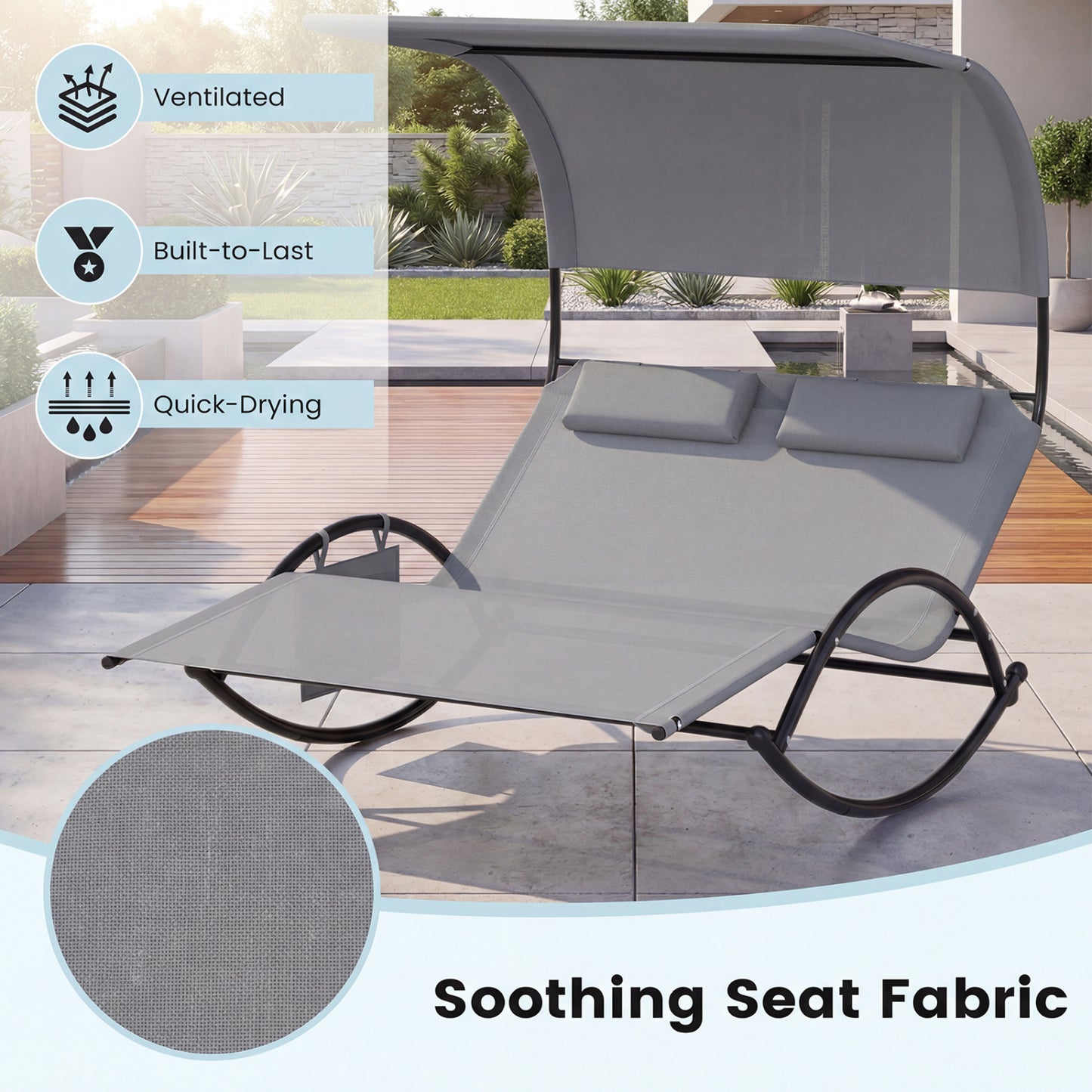 Dual Rocker Sunbed 2-Person Patio Lounger with Canopy
