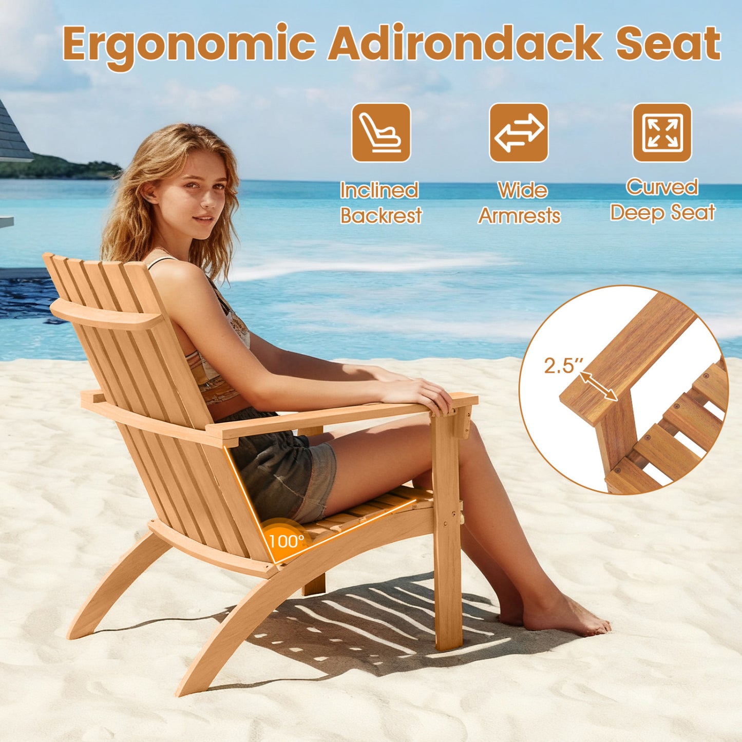 Acacia Wood Adirondack Chair with Ergonomic Backrest