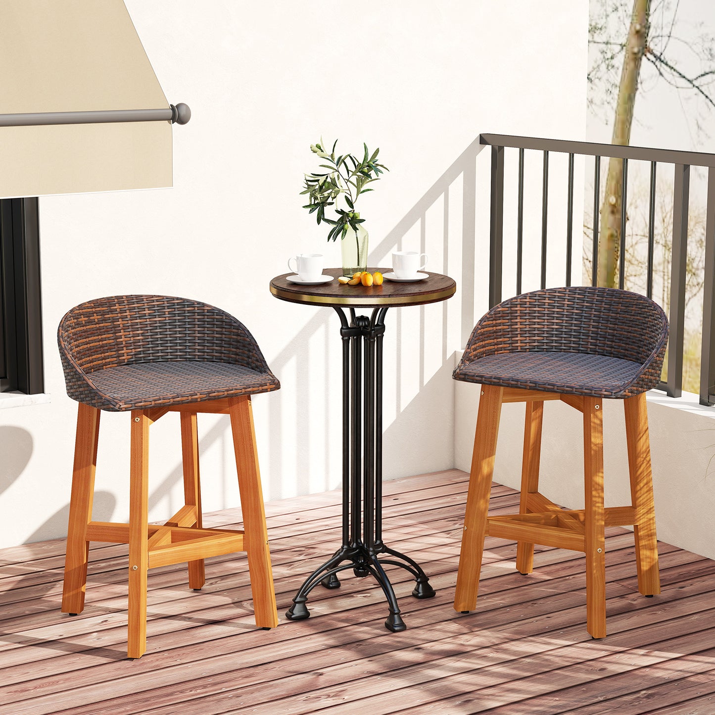 Faux Rattan Bar Chairs Set of 2 with Acacia Wood Frame