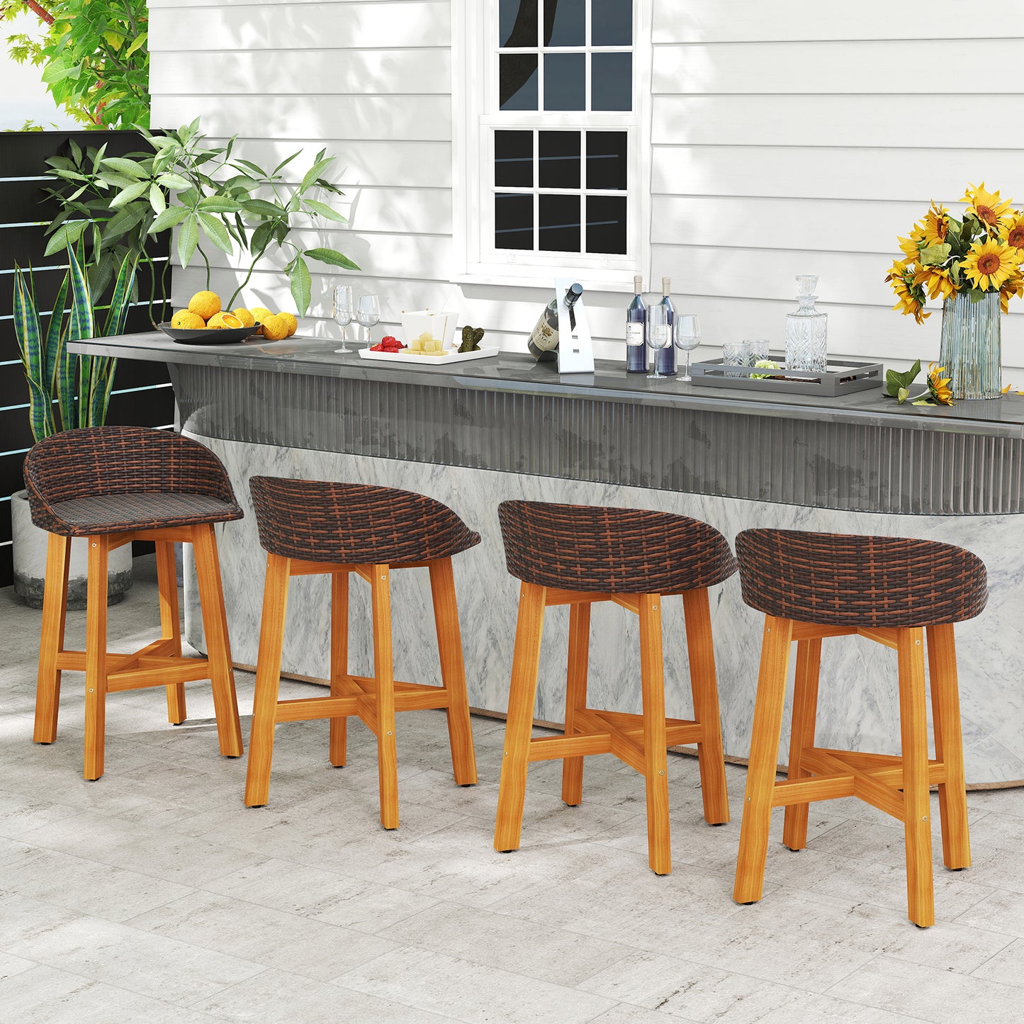 Faux Rattan Bar Chairs Set of 2 with Acacia Wood Frame