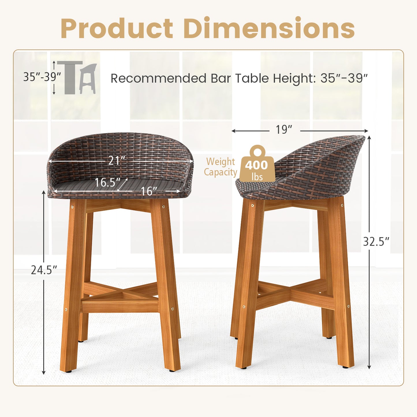 Faux Rattan Bar Chairs Set of 2 with Acacia Wood Frame