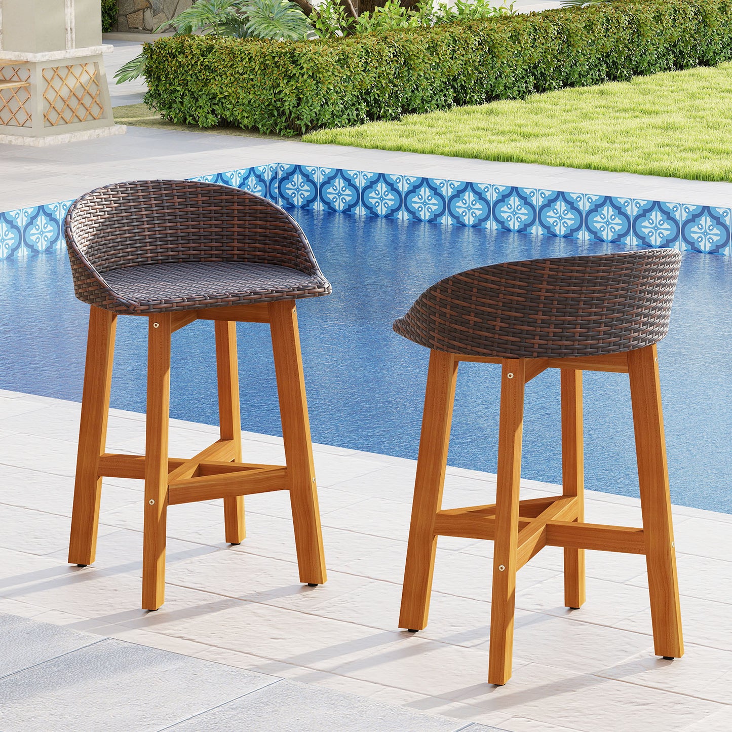 Faux Rattan Bar Chairs Set of 2 with Acacia Wood Frame