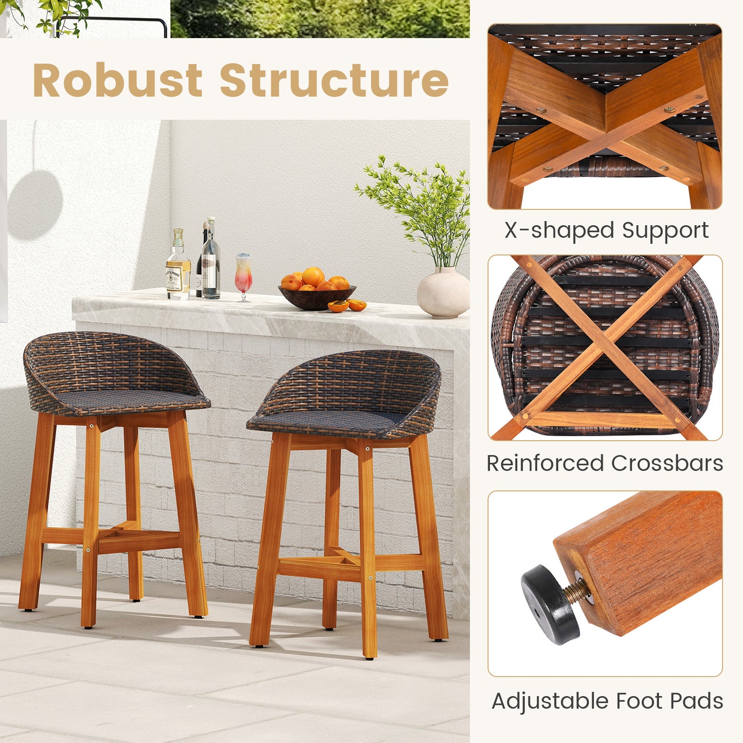 Faux Rattan Bar Chairs Set of 2 with Acacia Wood Frame