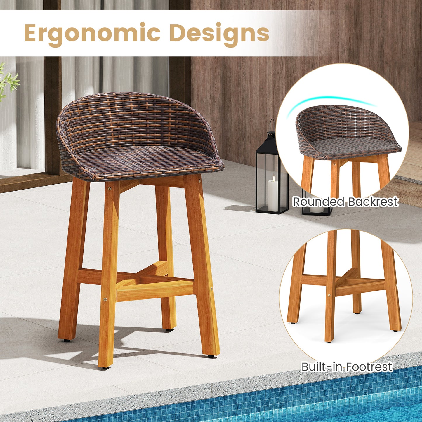 Faux Rattan Bar Chairs Set of 2 with Acacia Wood Frame