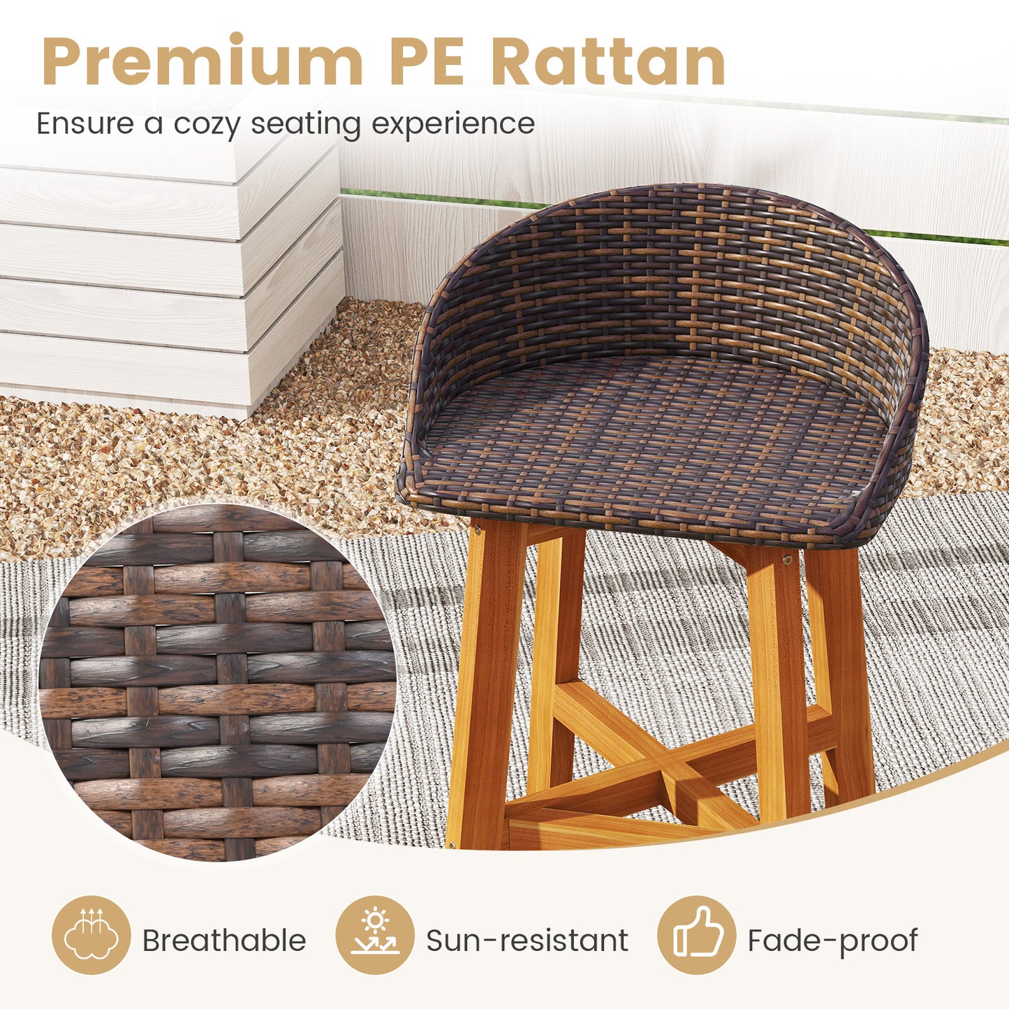 Faux Rattan Bar Chairs Set of 2 with Acacia Wood Frame