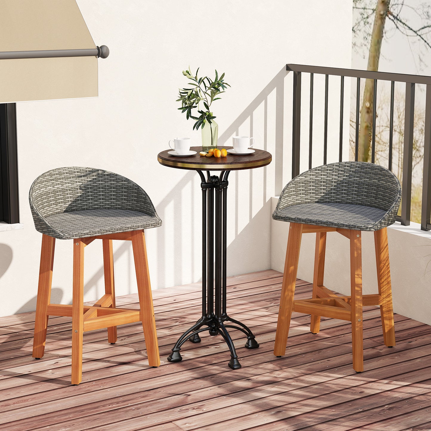 Faux Rattan Bar Chairs Set of 2 with Acacia Wood Frame