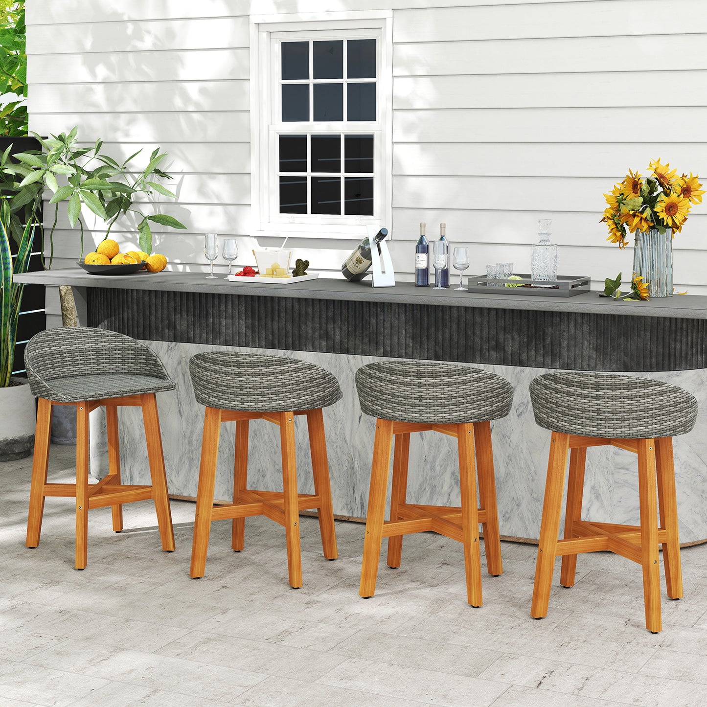 Faux Rattan Bar Chairs Set of 2 with Acacia Wood Frame