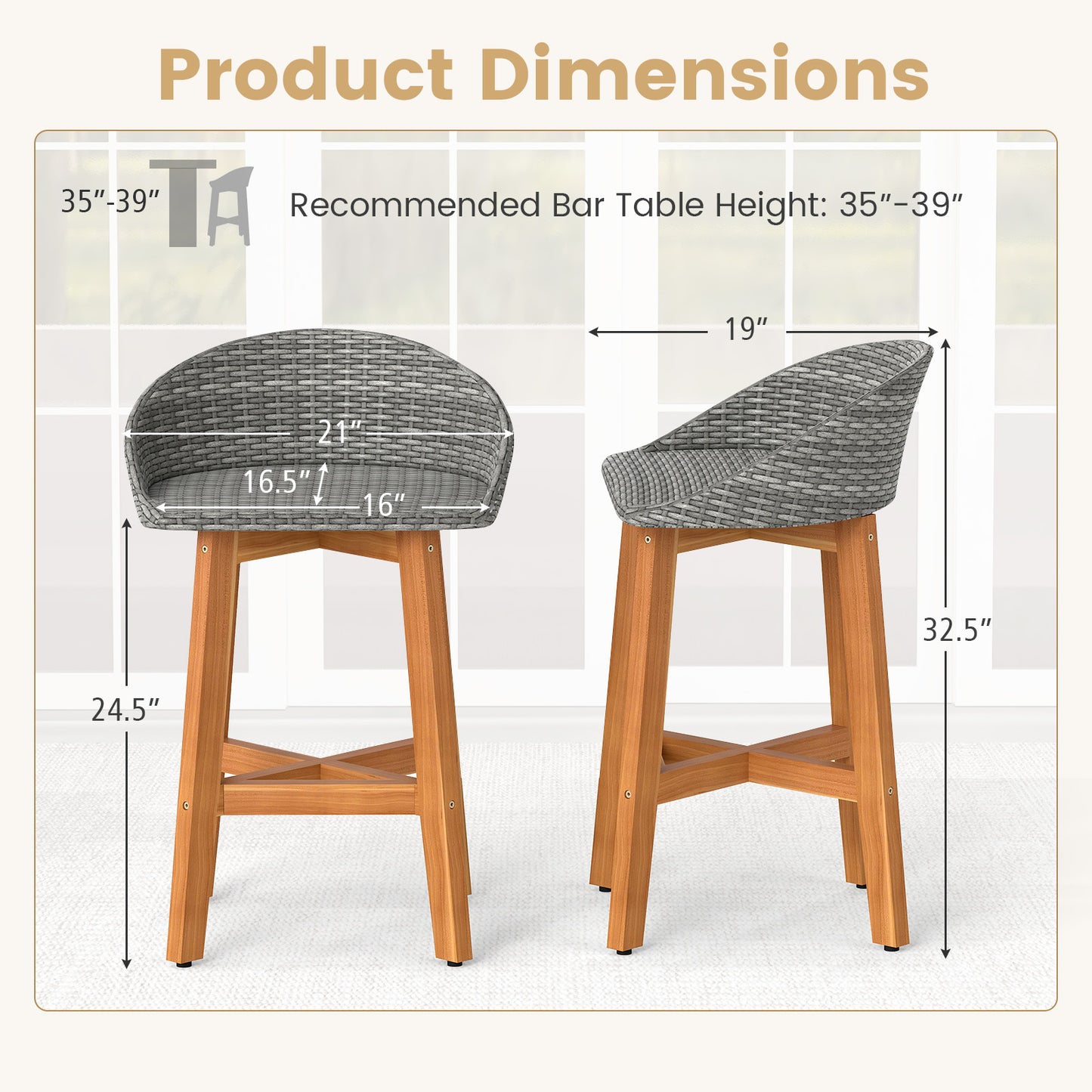 Faux Rattan Bar Chairs Set of 2 with Acacia Wood Frame