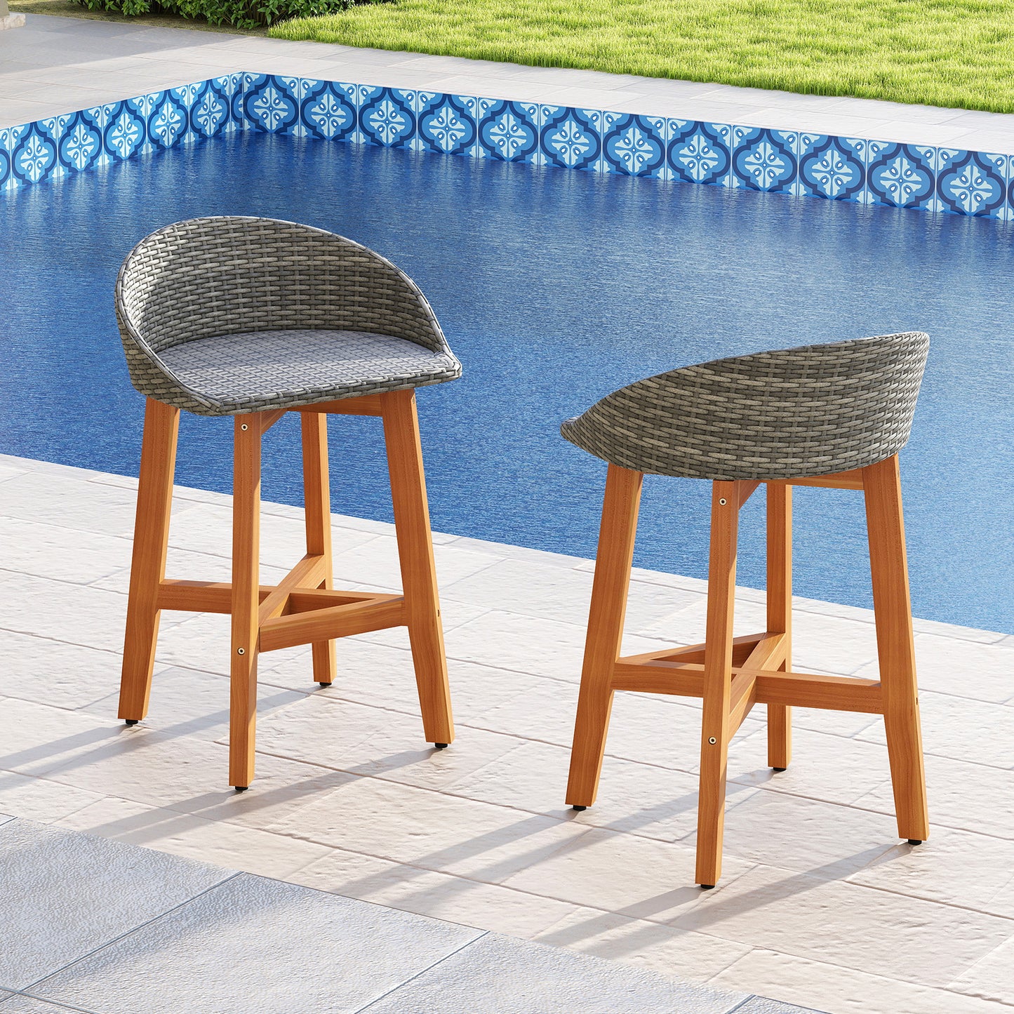 Faux Rattan Bar Chairs Set of 2 with Acacia Wood Frame