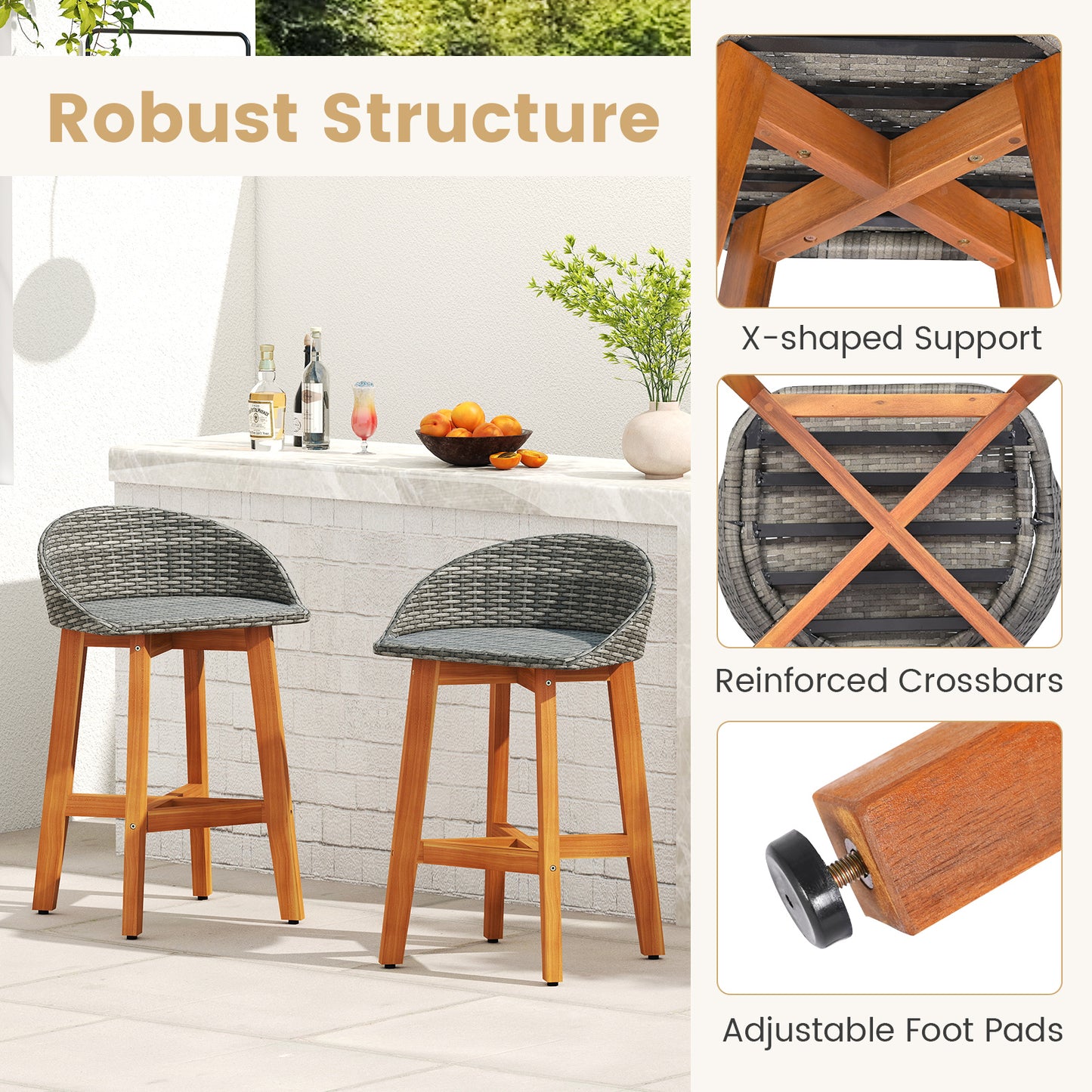 Faux Rattan Bar Chairs Set of 2 with Acacia Wood Frame