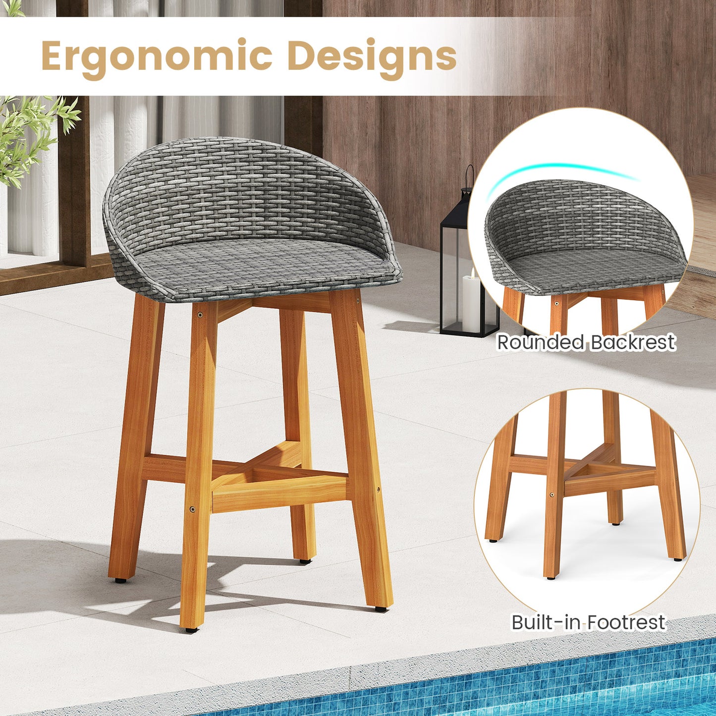 Faux Rattan Bar Chairs Set of 2 with Acacia Wood Frame