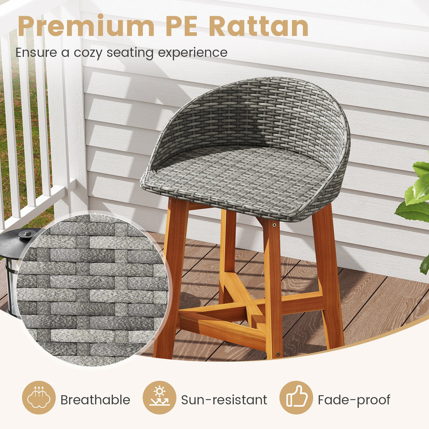 Faux Rattan Bar Chairs Set of 2 with Acacia Wood Frame