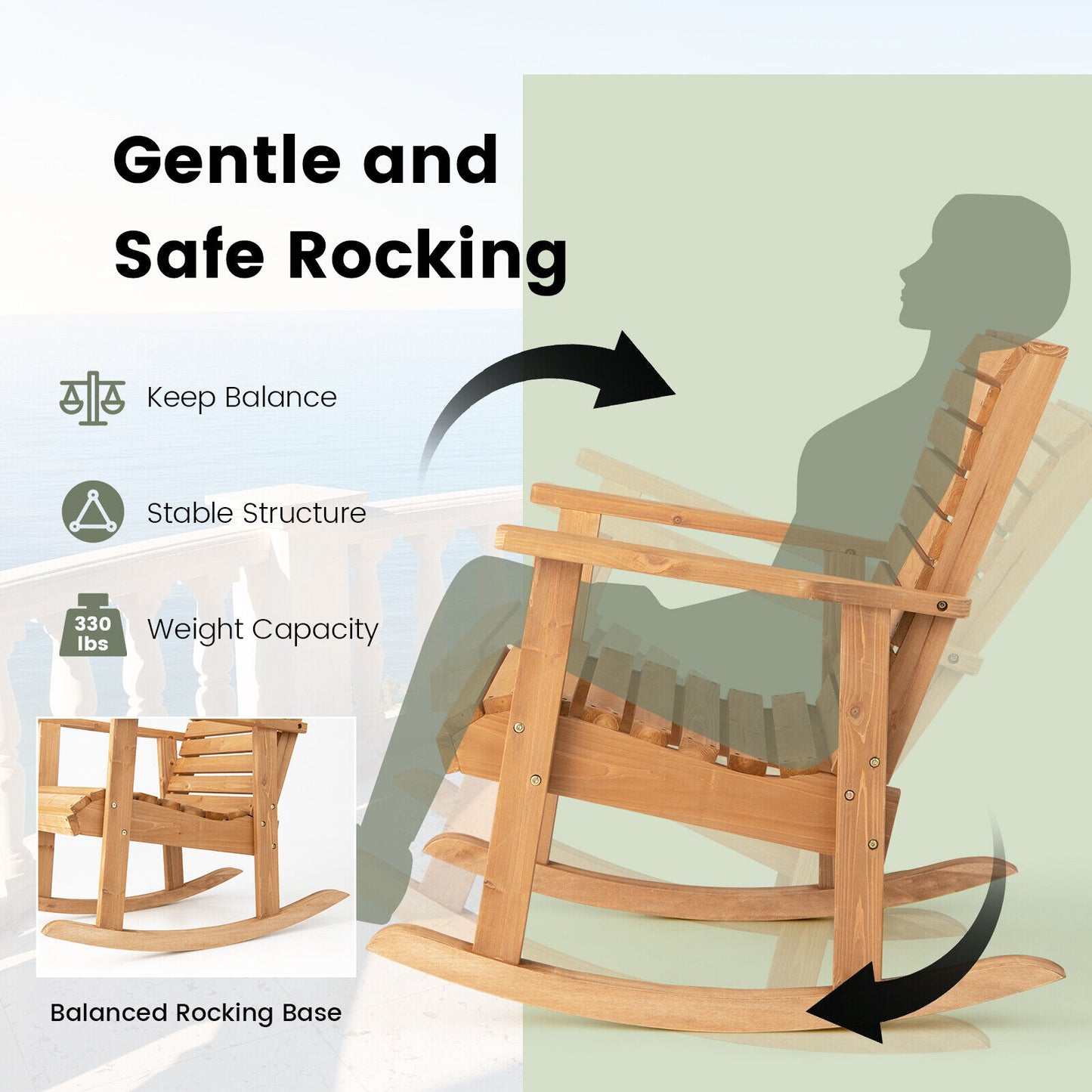 Fir Wood Rocking Chair with High Backrest for Outdoor Patio