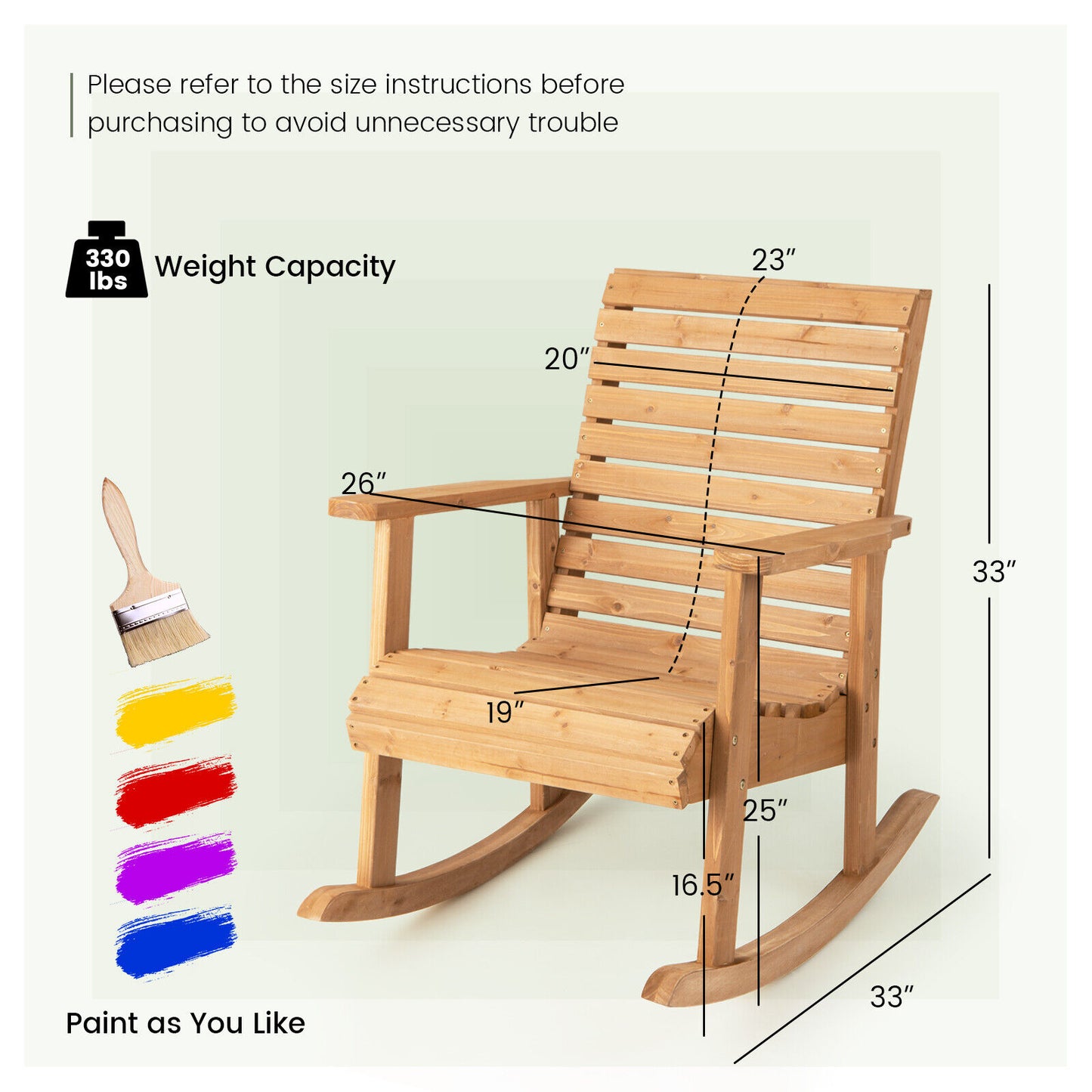 Fir Wood Rocking Chair with High Backrest for Outdoor Patio