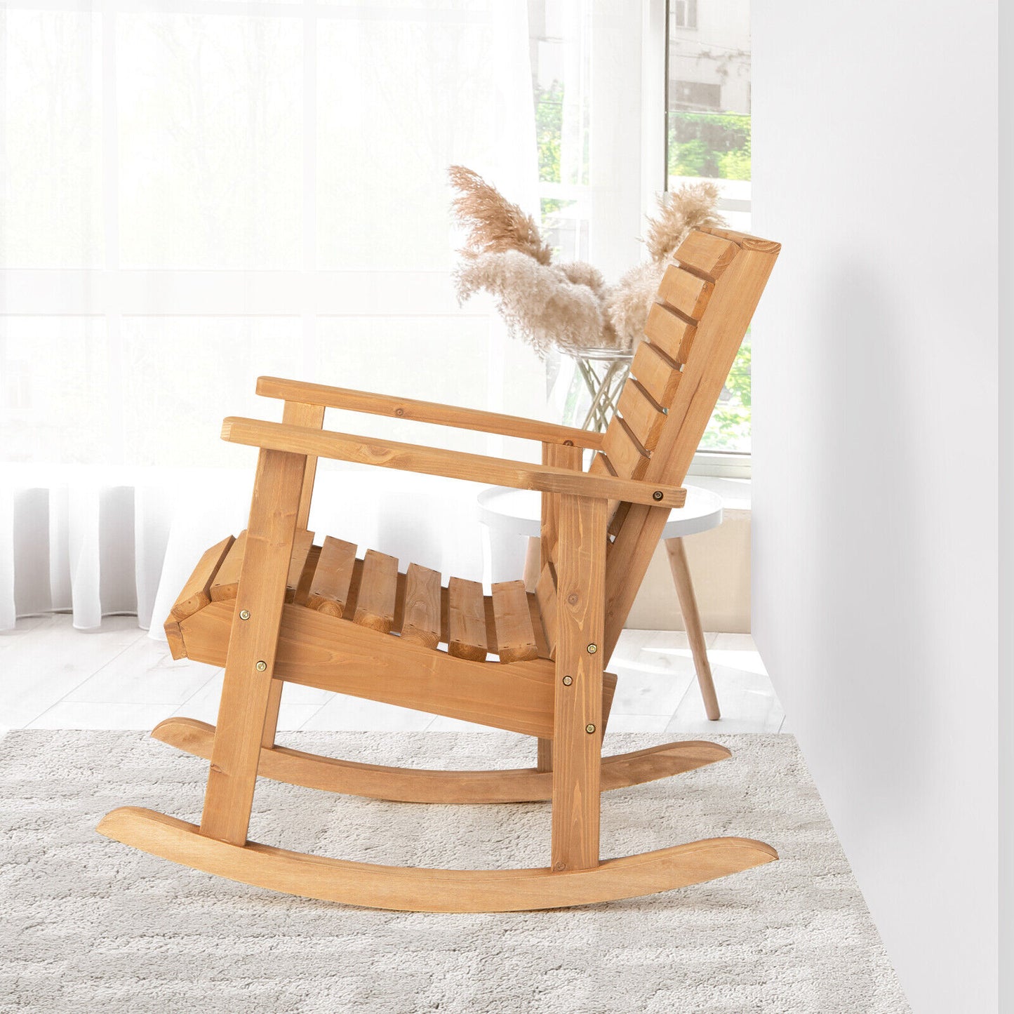 Fir Wood Rocking Chair with High Backrest for Outdoor Patio