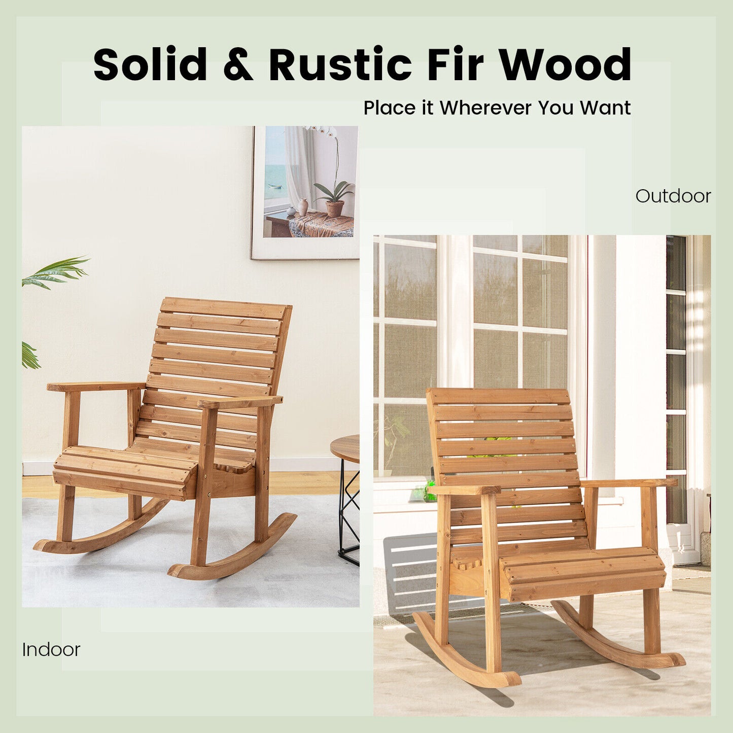 Fir Wood Rocking Chair with High Backrest for Outdoor Patio