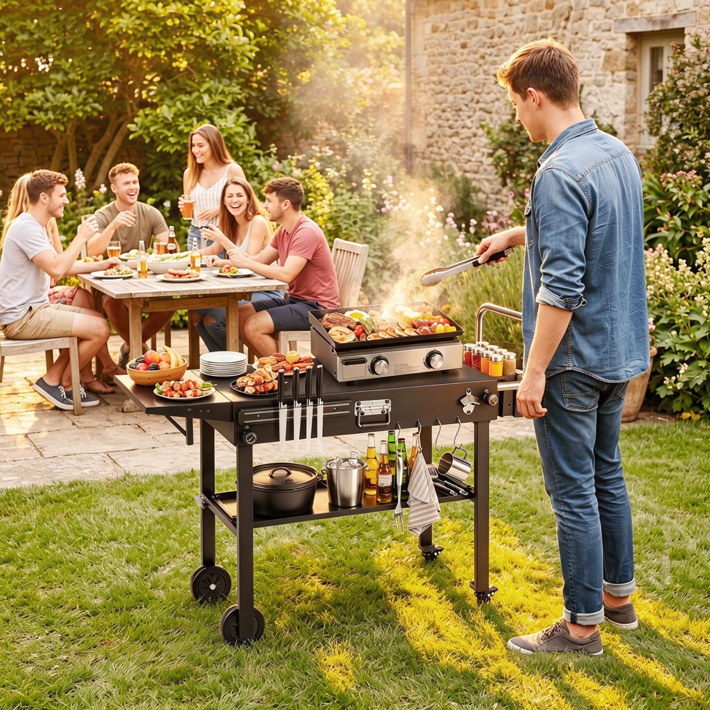 Foldable Grill Cart with 31" Tabletop & Storage Shelf