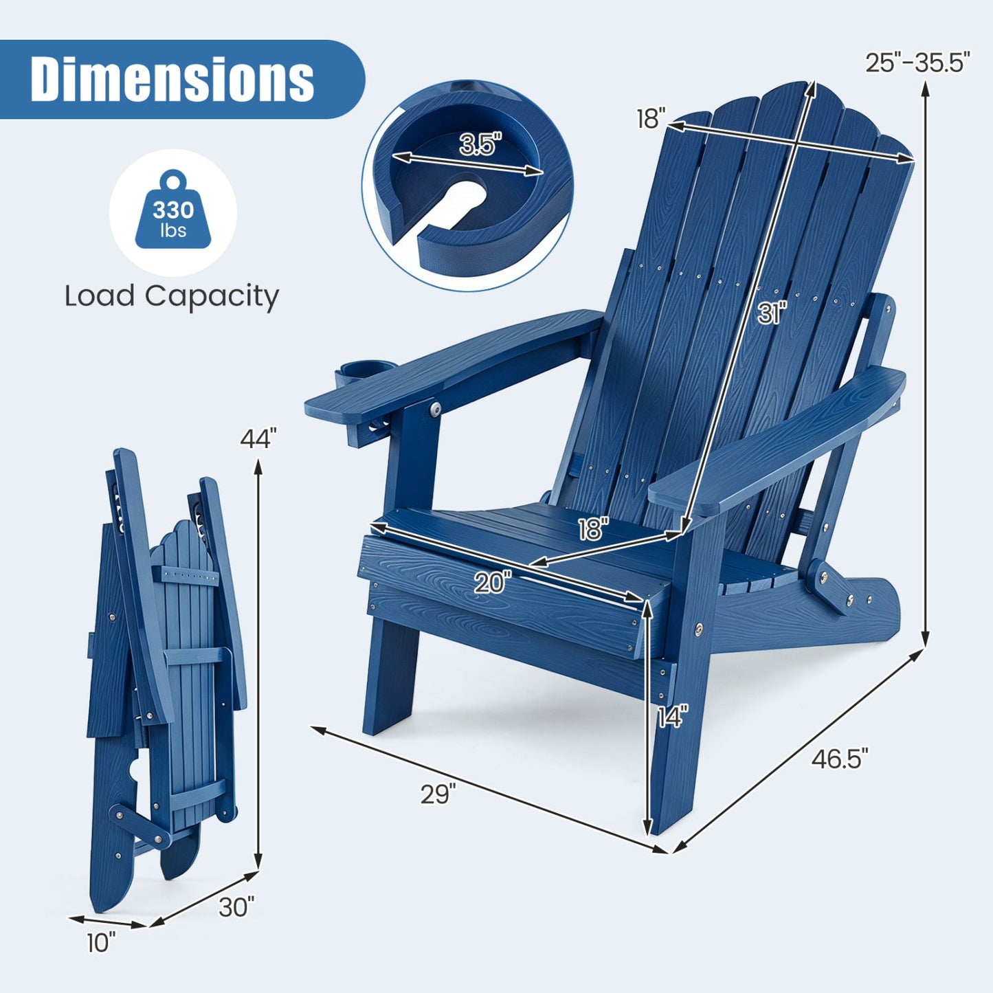 Folding Adirondack Chair with Adjustable Backrest & Cup Holder
