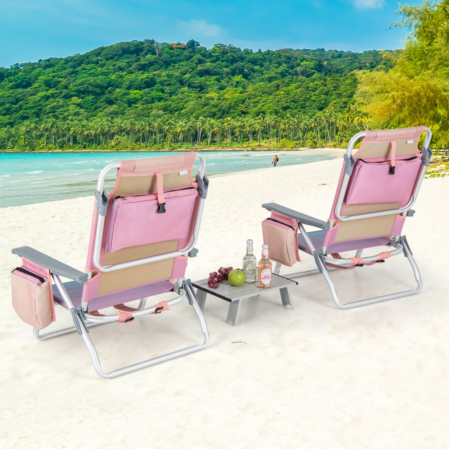 Folding Beach Chair Set with Table - 2 Pack Reclining Chairs