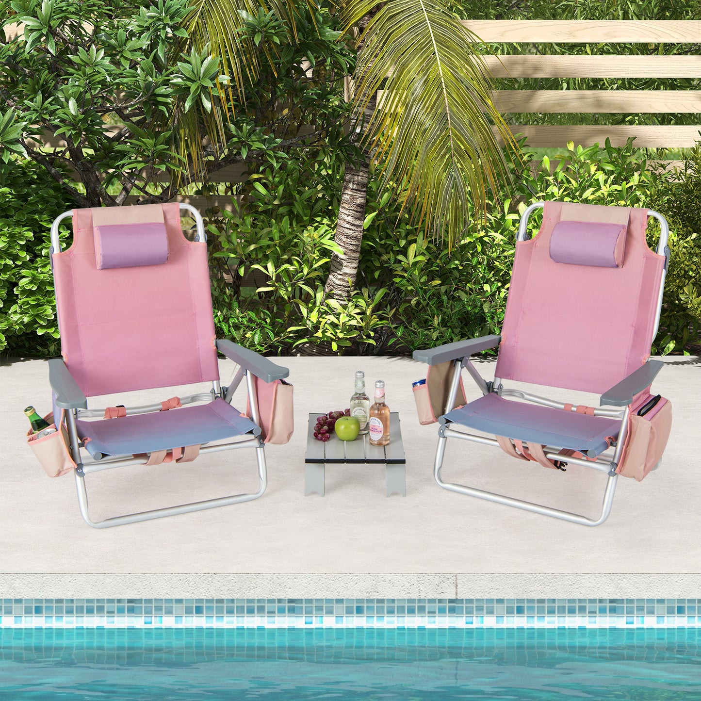 Folding Beach Chair Set with Table - 2 Pack Reclining Chairs